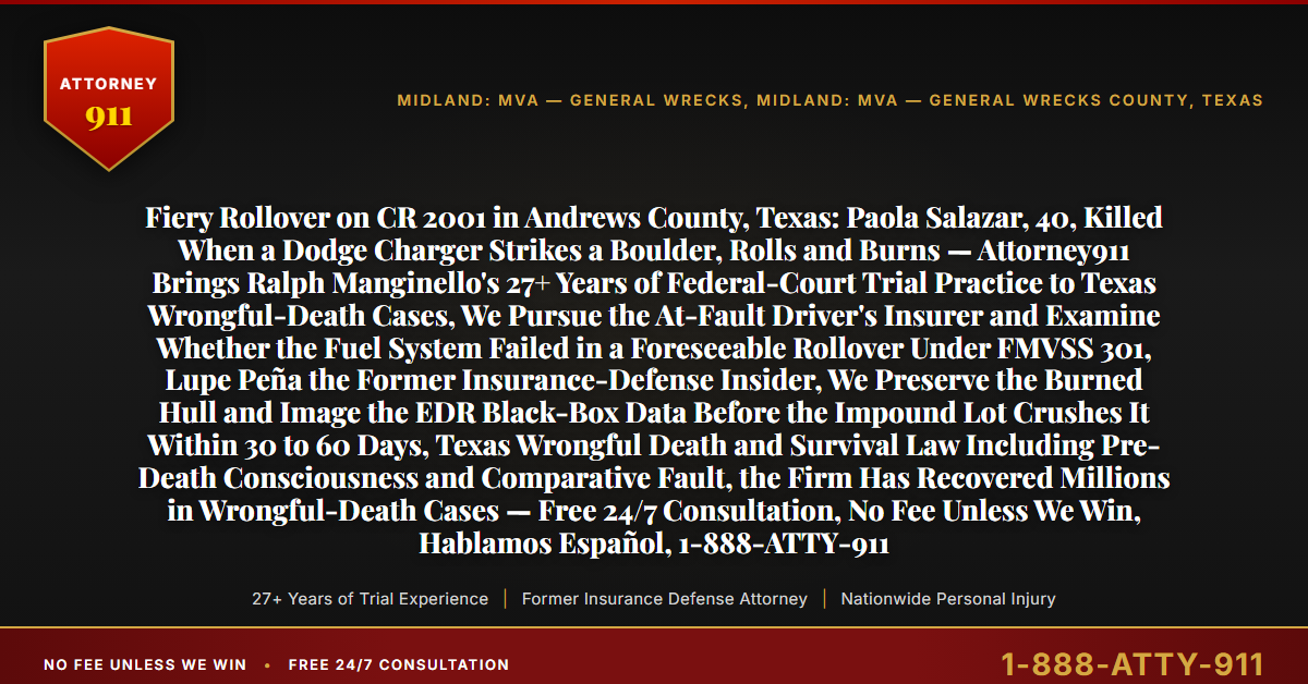 Fiery Rollover on CR 2001 in Andrews County, Texas: Paola Salazar, 40, Killed When a Dodge Charger Strikes a Boulder, Rolls and Burns — Attorney911 Brings Ralph Manginello's 27+ Years of Federal-Court Trial Practice to Texas Wrongful-Death Cases, We Pursue the At-Fault Driver's Insurer and Examine Whether the Fuel System Failed in a Foreseeable Rollover Under FMVSS 301, Lupe Peña the Former Insurance-Defense Insider, We Preserve the Burned Hull and Image the EDR Black-Box Data Before the Impound Lot Crushes It Within 30 to 60 Days, Texas Wrongful Death and Survival Law Including Pre-Death Consciousness and Comparative Fault, the Firm Has Recovered Millions in Wrongful-Death Cases — Free 24/7 Consultation, No Fee Unless We Win, Hablamos Español, 1-888-ATTY-911 - Attorney911