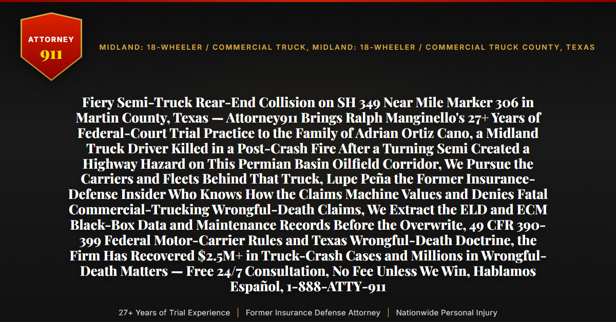 Fiery Semi-Truck Rear-End Collision on SH 349 Near Mile Marker 306 in Martin County, Texas — Attorney911 Brings Ralph Manginello's 27+ Years of Federal-Court Trial Practice to the Family of Adrian Ortiz Cano, a Midland Truck Driver Killed in a Post-Crash Fire After a Turning Semi Created a Highway Hazard on This Permian Basin Oilfield Corridor, We Pursue the Carriers and Fleets Behind That Truck, Lupe Peña the Former Insurance-Defense Insider Who Knows How the Claims Machine Values and Denies Fatal Commercial-Trucking Wrongful-Death Claims, We Extract the ELD and ECM Black-Box Data and Maintenance Records Before the Overwrite, 49 CFR 390-399 Federal Motor-Carrier Rules and Texas Wrongful-Death Doctrine, the Firm Has Recovered $2.5M+ in Truck-Crash Cases and Millions in Wrongful-Death Matters — Free 24/7 Consultation, No Fee Unless We Win, Hablamos Español, 1-888-ATTY-911 - Attorney911