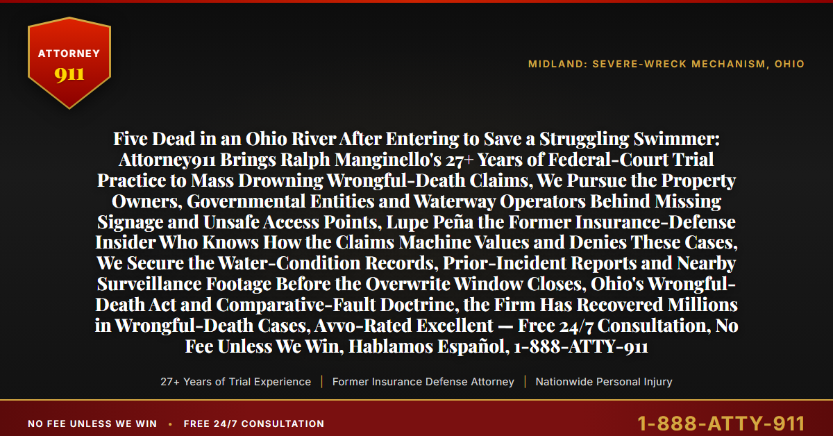 Five Dead in an Ohio River After Entering to Save a Struggling Swimmer: Attorney911 Brings Ralph Manginello's 27+ Years of Federal-Court Trial Practice to Mass Drowning Wrongful-Death Claims, We Pursue the Property Owners, Governmental Entities and Waterway Operators Behind Missing Signage and Unsafe Access Points, Lupe Peña the Former Insurance-Defense Insider Who Knows How the Claims Machine Values and Denies These Cases, We Secure the Water-Condition Records, Prior-Incident Reports and Nearby Surveillance Footage Before the Overwrite Window Closes, Ohio's Wrongful-Death Act and Comparative-Fault Doctrine, the Firm Has Recovered Millions in Wrongful-Death Cases, Avvo-Rated Excellent — Free 24/7 Consultation, No Fee Unless We Win, Hablamos Español, 1-888-ATTY-911 - Attorney911