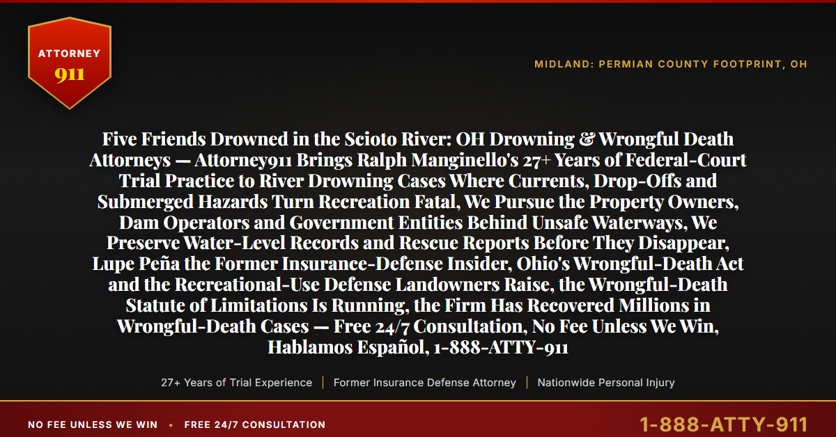 Five Friends Drowned in the Scioto River: OH Drowning & Wrongful Death Attorneys — Attorney911 Brings Ralph Manginello's 27+ Years of Federal-Court Trial Practice to River Drowning Cases Where Currents, Drop-Offs and Submerged Hazards Turn Recreation Fatal, We Pursue the Property Owners, Dam Operators and Government Entities Behind Unsafe Waterways, We Preserve Water-Level Records and Rescue Reports Before They Disappear, Lupe Peña the Former Insurance-Defense Insider, Ohio's Wrongful-Death Act and the Recreational-Use Defense Landowners Raise, the Wrongful-Death Statute of Limitations Is Running, the Firm Has Recovered Millions in Wrongful-Death Cases — Free 24/7 Consultation, No Fee Unless We Win, Hablamos Español, 1-888-ATTY-911 - Attorney911