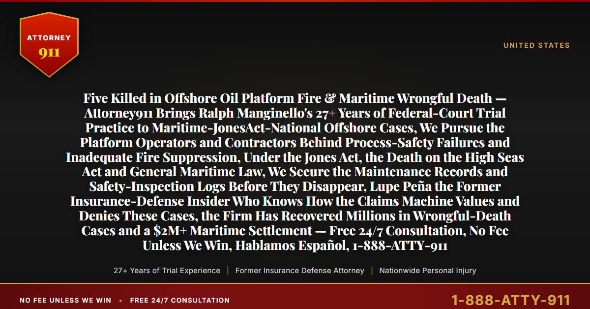 Five Killed in Offshore Oil Platform Fire & Maritime Wrongful Death — Attorney911 Brings Ralph Manginello's 27+ Years of Federal-Court Trial Practice to Maritime-JonesAct-National Offshore Cases, We Pursue the Platform Operators and Contractors Behind Process-Safety Failures and Inadequate Fire Suppression, Under the Jones Act, the Death on the High Seas Act and General Maritime Law, We Secure the Maintenance Records and Safety-Inspection Logs Before They Disappear, Lupe Peña the Former Insurance-Defense Insider Who Knows How the Claims Machine Values and Denies These Cases, the Firm Has Recovered Millions in Wrongful-Death Cases and a $2M+ Maritime Settlement — Free 24/7 Consultation, No Fee Unless We Win, Hablamos Español, 1-888-ATTY-911 - Attorney911