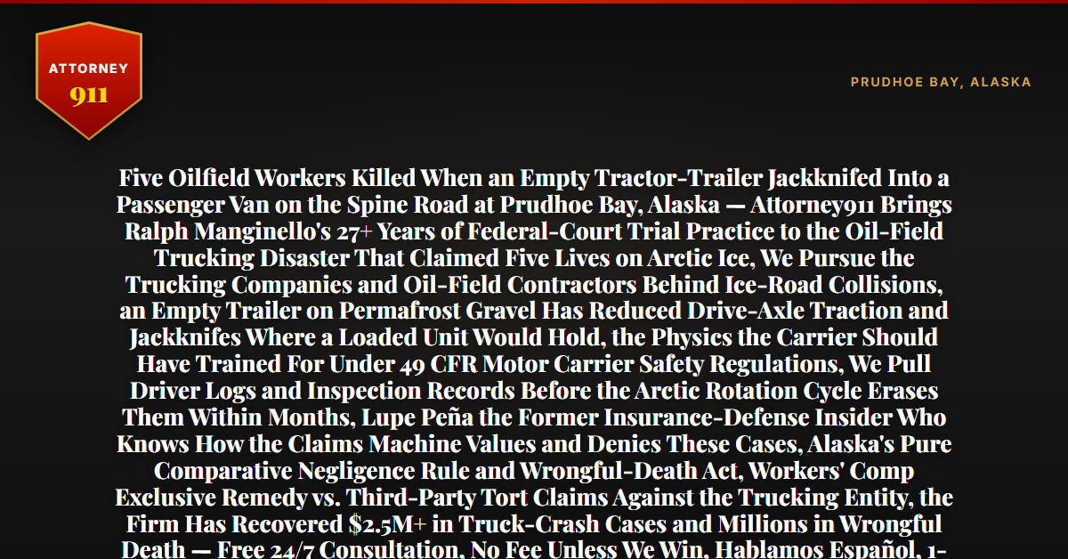 Five Oilfield Workers Killed When an Empty Tractor-Trailer Jackknifed Into a Passenger Van on the Spine Road at Prudhoe Bay, Alaska — Attorney911 Brings Ralph Manginello's 27+ Years of Federal-Court Trial Practice to the Oil-Field Trucking Disaster That Claimed Five Lives on Arctic Ice, We Pursue the Trucking Companies and Oil-Field Contractors Behind Ice-Road Collisions, an Empty Trailer on Permafrost Gravel Has Reduced Drive-Axle Traction and Jackknifes Where a Loaded Unit Would Hold, the Physics the Carrier Should Have Trained For Under 49 CFR Motor Carrier Safety Regulations, We Pull Driver Logs and Inspection Records Before the Arctic Rotation Cycle Erases Them Within Months, Lupe Peña the Former Insurance-Defense Insider Who Knows How the Claims Machine Values and Denies These Cases, Alaska's Pure Comparative Negligence Rule and Wrongful-Death Act, Workers' Comp Exclusive Remedy vs. Third-Party Tort Claims Against the Trucking Entity, the Firm Has Recovered $2.5M+ in Truck-Crash Cases and Millions in Wrongful Death — Free 24/7 Consultation, No Fee Unless We Win, Hablamos Español, 1-888-ATTY-911 - Attorney911