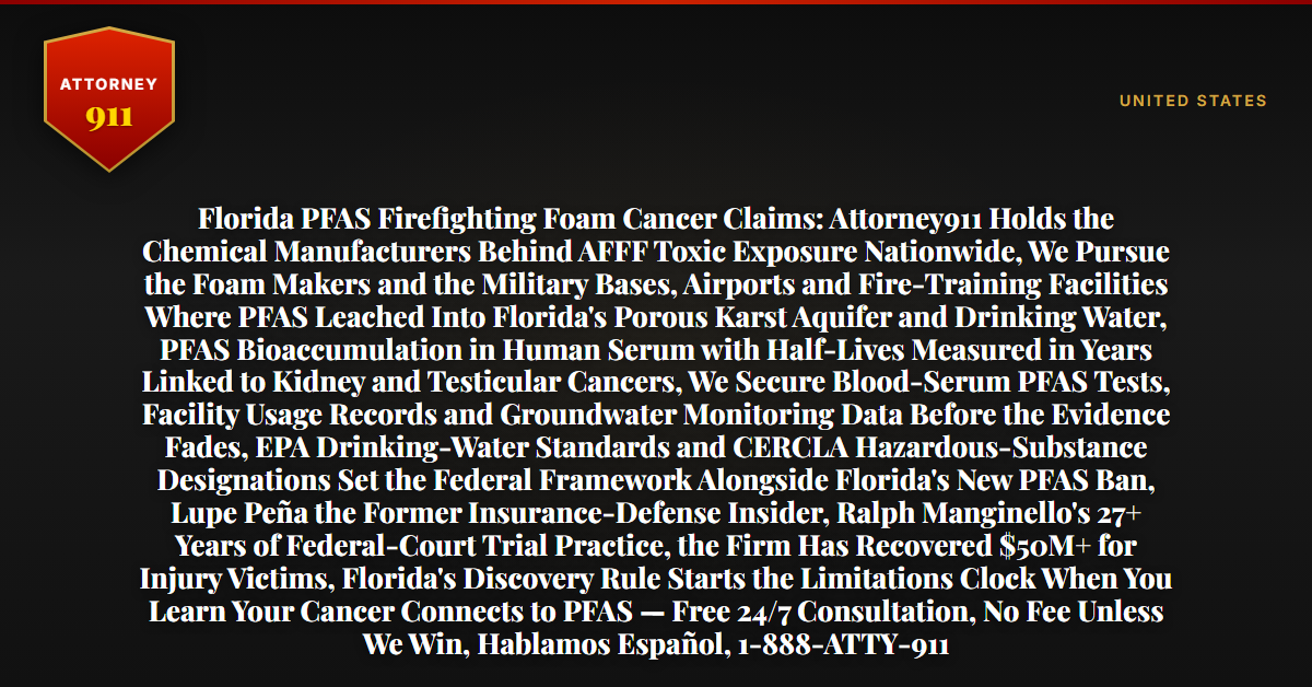 Florida PFAS Firefighting Foam Cancer Claims: Attorney911 Holds the Chemical Manufacturers Behind AFFF Toxic Exposure Nationwide, We Pursue the Foam Makers and the Military Bases, Airports and Fire-Training Facilities Where PFAS Leached Into Florida's Porous Karst Aquifer and Drinking Water, PFAS Bioaccumulation in Human Serum with Half-Lives Measured in Years Linked to Kidney and Testicular Cancers, We Secure Blood-Serum PFAS Tests, Facility Usage Records and Groundwater Monitoring Data Before the Evidence Fades, EPA Drinking-Water Standards and CERCLA Hazardous-Substance Designations Set the Federal Framework Alongside Florida's New PFAS Ban, Lupe Peña the Former Insurance-Defense Insider, Ralph Manginello's 27+ Years of Federal-Court Trial Practice, the Firm Has Recovered $50M+ for Injury Victims, Florida's Discovery Rule Starts the Limitations Clock When You Learn Your Cancer Connects to PFAS — Free 24/7 Consultation, No Fee Unless We Win, Hablamos Español, 1-888-ATTY-911 - Attorney911