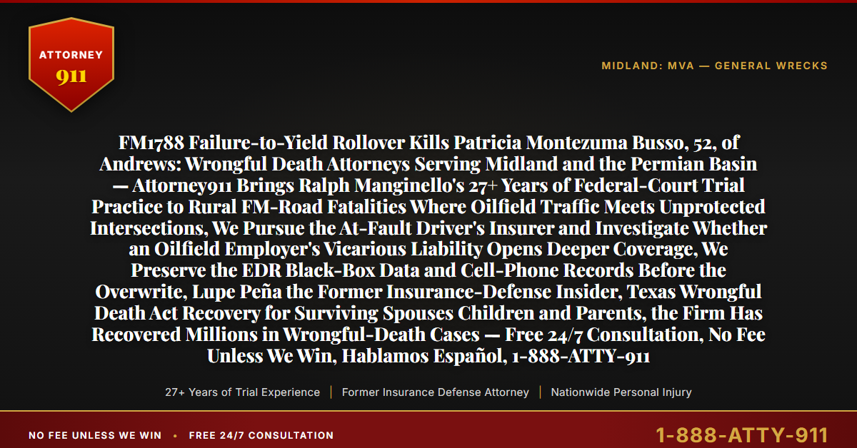 FM1788 Failure-to-Yield Rollover Kills Patricia Montezuma Busso, 52, of Andrews: Wrongful Death Attorneys Serving Midland and the Permian Basin — Attorney911 Brings Ralph Manginello's 27+ Years of Federal-Court Trial Practice to Rural FM-Road Fatalities Where Oilfield Traffic Meets Unprotected Intersections, We Pursue the At-Fault Driver's Insurer and Investigate Whether an Oilfield Employer's Vicarious Liability Opens Deeper Coverage, We Preserve the EDR Black-Box Data and Cell-Phone Records Before the Overwrite, Lupe Peña the Former Insurance-Defense Insider, Texas Wrongful Death Act Recovery for Surviving Spouses Children and Parents, the Firm Has Recovered Millions in Wrongful-Death Cases — Free 24/7 Consultation, No Fee Unless We Win, Hablamos Español, 1-888-ATTY-911 - Attorney911