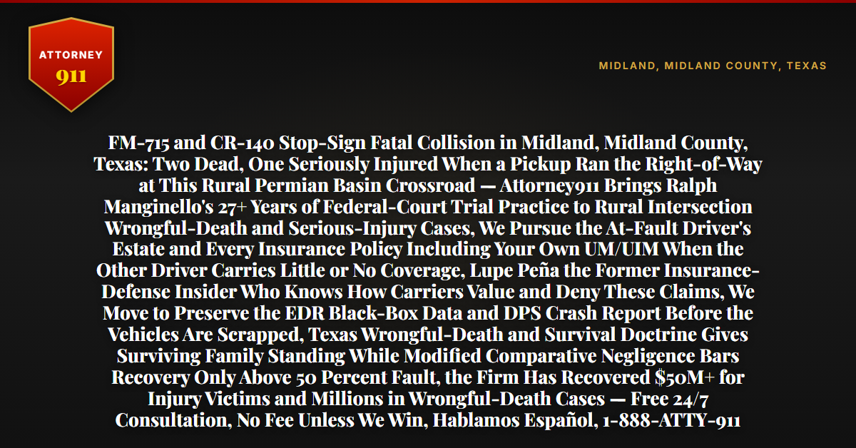 FM-715 and CR-140 Stop-Sign Fatal Collision in Midland, Midland County, Texas: Two Dead, One Seriously Injured When a Pickup Ran the Right-of-Way at This Rural Permian Basin Crossroad — Attorney911 Brings Ralph Manginello's 27+ Years of Federal-Court Trial Practice to Rural Intersection Wrongful-Death and Serious-Injury Cases, We Pursue the At-Fault Driver's Estate and Every Insurance Policy Including Your Own UM/UIM When the Other Driver Carries Little or No Coverage, Lupe Peña the Former Insurance-Defense Insider Who Knows How Carriers Value and Deny These Claims, We Move to Preserve the EDR Black-Box Data and DPS Crash Report Before the Vehicles Are Scrapped, Texas Wrongful-Death and Survival Doctrine Gives Surviving Family Standing While Modified Comparative Negligence Bars Recovery Only Above 50 Percent Fault, the Firm Has Recovered $50M+ for Injury Victims and Millions in Wrongful-Death Cases — Free 24/7 Consultation, No Fee Unless We Win, Hablamos Español, 1-888-ATTY-911 - Attorney911