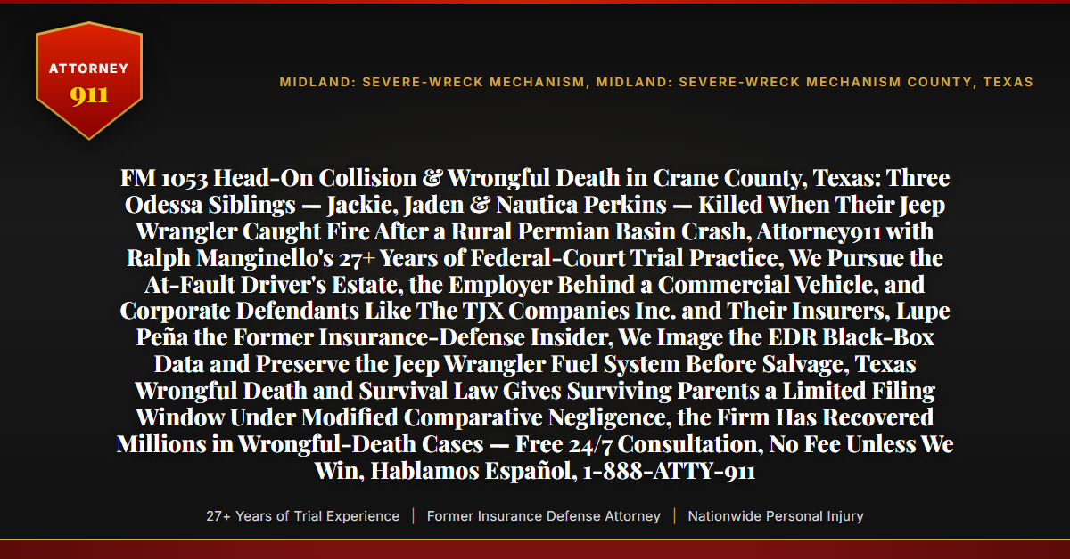 FM 1053 Head-On Collision & Wrongful Death in Crane County, Texas: Three Odessa Siblings — Jackie, Jaden & Nautica Perkins — Killed When Their Jeep Wrangler Caught Fire After a Rural Permian Basin Crash, Attorney911 with Ralph Manginello's 27+ Years of Federal-Court Trial Practice, We Pursue the At-Fault Driver's Estate, the Employer Behind a Commercial Vehicle, and Corporate Defendants Like The TJX Companies Inc. and Their Insurers, Lupe Peña the Former Insurance-Defense Insider, We Image the EDR Black-Box Data and Preserve the Jeep Wrangler Fuel System Before Salvage, Texas Wrongful Death and Survival Law Gives Surviving Parents a Limited Filing Window Under Modified Comparative Negligence, the Firm Has Recovered Millions in Wrongful-Death Cases — Free 24/7 Consultation, No Fee Unless We Win, Hablamos Español, 1-888-ATTY-911 - Attorney911