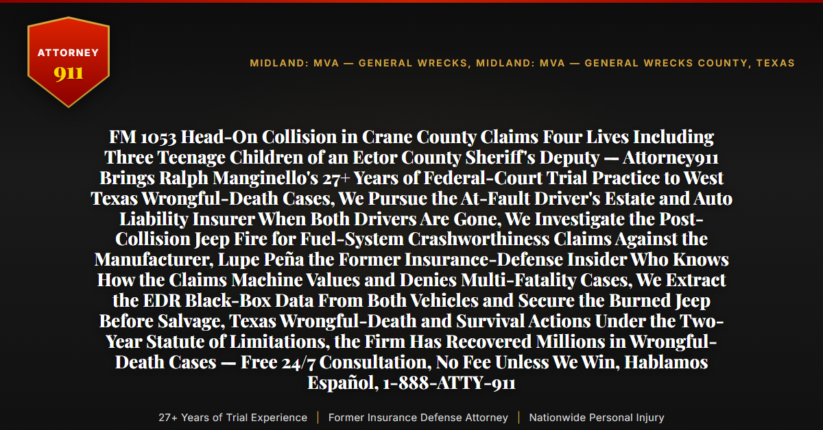 FM 1053 Head-On Collision in Crane County Claims Four Lives Including Three Teenage Children of an Ector County Sheriff's Deputy — Attorney911 Brings Ralph Manginello's 27+ Years of Federal-Court Trial Practice to West Texas Wrongful-Death Cases, We Pursue the At-Fault Driver's Estate and Auto Liability Insurer When Both Drivers Are Gone, We Investigate the Post-Collision Jeep Fire for Fuel-System Crashworthiness Claims Against the Manufacturer, Lupe Peña the Former Insurance-Defense Insider Who Knows How the Claims Machine Values and Denies Multi-Fatality Cases, We Extract the EDR Black-Box Data From Both Vehicles and Secure the Burned Jeep Before Salvage, Texas Wrongful-Death and Survival Actions Under the Two-Year Statute of Limitations, the Firm Has Recovered Millions in Wrongful-Death Cases — Free 24/7 Consultation, No Fee Unless We Win, Hablamos Español, 1-888-ATTY-911 - Attorney911