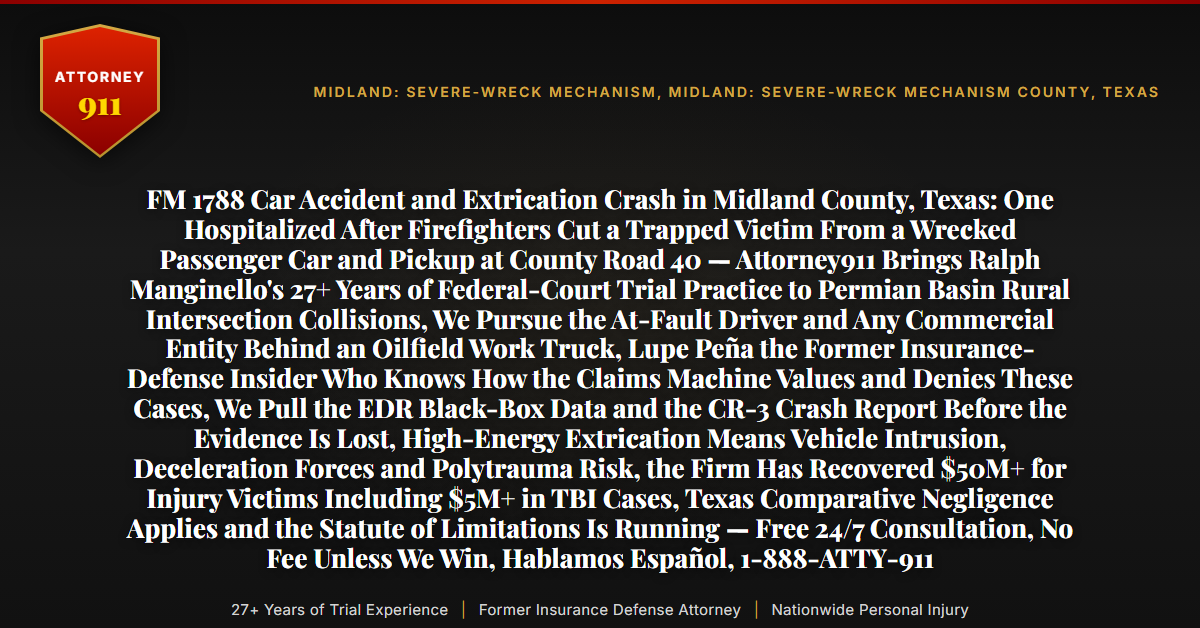 FM 1788 Car Accident and Extrication Crash in Midland County, Texas: One Hospitalized After Firefighters Cut a Trapped Victim From a Wrecked Passenger Car and Pickup at County Road 40 — Attorney911 Brings Ralph Manginello's 27+ Years of Federal-Court Trial Practice to Permian Basin Rural Intersection Collisions, We Pursue the At-Fault Driver and Any Commercial Entity Behind an Oilfield Work Truck, Lupe Peña the Former Insurance-Defense Insider Who Knows How the Claims Machine Values and Denies These Cases, We Pull the EDR Black-Box Data and the CR-3 Crash Report Before the Evidence Is Lost, High-Energy Extrication Means Vehicle Intrusion, Deceleration Forces and Polytrauma Risk, the Firm Has Recovered $50M+ for Injury Victims Including $5M+ in TBI Cases, Texas Comparative Negligence Applies and the Statute of Limitations Is Running — Free 24/7 Consultation, No Fee Unless We Win, Hablamos Español, 1-888-ATTY-911 - Attorney911
