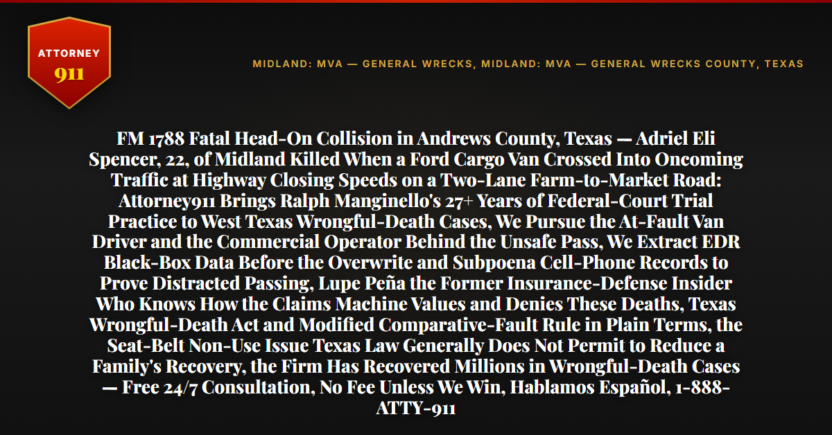FM 1788 Fatal Head-On Collision in Andrews County, Texas — Adriel Eli Spencer, 22, of Midland Killed When a Ford Cargo Van Crossed Into Oncoming Traffic at Highway Closing Speeds on a Two-Lane Farm-to-Market Road: Attorney911 Brings Ralph Manginello's 27+ Years of Federal-Court Trial Practice to West Texas Wrongful-Death Cases, We Pursue the At-Fault Van Driver and the Commercial Operator Behind the Unsafe Pass, We Extract EDR Black-Box Data Before the Overwrite and Subpoena Cell-Phone Records to Prove Distracted Passing, Lupe Peña the Former Insurance-Defense Insider Who Knows How the Claims Machine Values and Denies These Deaths, Texas Wrongful-Death Act and Modified Comparative-Fault Rule in Plain Terms, the Seat-Belt Non-Use Issue Texas Law Generally Does Not Permit to Reduce a Family's Recovery, the Firm Has Recovered Millions in Wrongful-Death Cases — Free 24/7 Consultation, No Fee Unless We Win, Hablamos Español, 1-888-ATTY-911 - Attorney911
