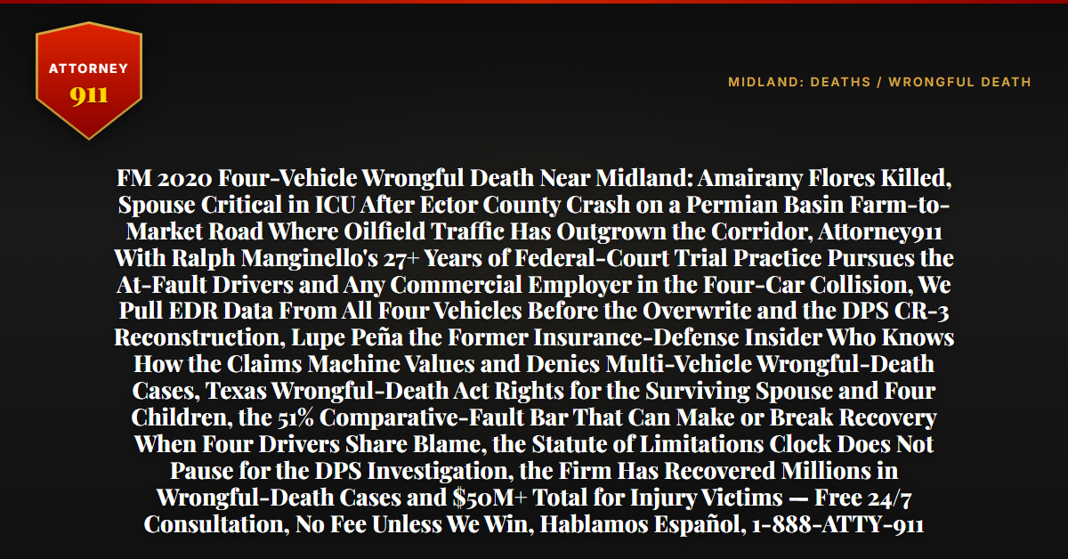 FM 2020 Four-Vehicle Wrongful Death Near Midland: Amairany Flores Killed, Spouse Critical in ICU After Ector County Crash on a Permian Basin Farm-to-Market Road Where Oilfield Traffic Has Outgrown the Corridor, Attorney911 With Ralph Manginello's 27+ Years of Federal-Court Trial Practice Pursues the At-Fault Drivers and Any Commercial Employer in the Four-Car Collision, We Pull EDR Data From All Four Vehicles Before the Overwrite and the DPS CR-3 Reconstruction, Lupe Peña the Former Insurance-Defense Insider Who Knows How the Claims Machine Values and Denies Multi-Vehicle Wrongful-Death Cases, Texas Wrongful-Death Act Rights for the Surviving Spouse and Four Children, the 51% Comparative-Fault Bar That Can Make or Break Recovery When Four Drivers Share Blame, the Statute of Limitations Clock Does Not Pause for the DPS Investigation, the Firm Has Recovered Millions in Wrongful-Death Cases and $50M+ Total for Injury Victims — Free 24/7 Consultation, No Fee Unless We Win, Hablamos Español, 1-888-ATTY-911 - Attorney911