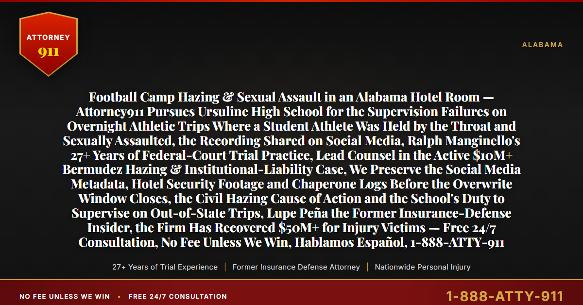 Football Camp Hazing & Sexual Assault in an Alabama Hotel Room — Attorney911 Pursues Ursuline High School for the Supervision Failures on Overnight Athletic Trips Where a Student Athlete Was Held by the Throat and Sexually Assaulted, the Recording Shared on Social Media, Ralph Manginello's 27+ Years of Federal-Court Trial Practice, Lead Counsel in the Active $10M+ Bermudez Hazing & Institutional-Liability Case, We Preserve the Social Media Metadata, Hotel Security Footage and Chaperone Logs Before the Overwrite Window Closes, the Civil Hazing Cause of Action and the School's Duty to Supervise on Out-of-State Trips, Lupe Peña the Former Insurance-Defense Insider, the Firm Has Recovered $50M+ for Injury Victims — Free 24/7 Consultation, No Fee Unless We Win, Hablamos Español, 1-888-ATTY-911 - Attorney911