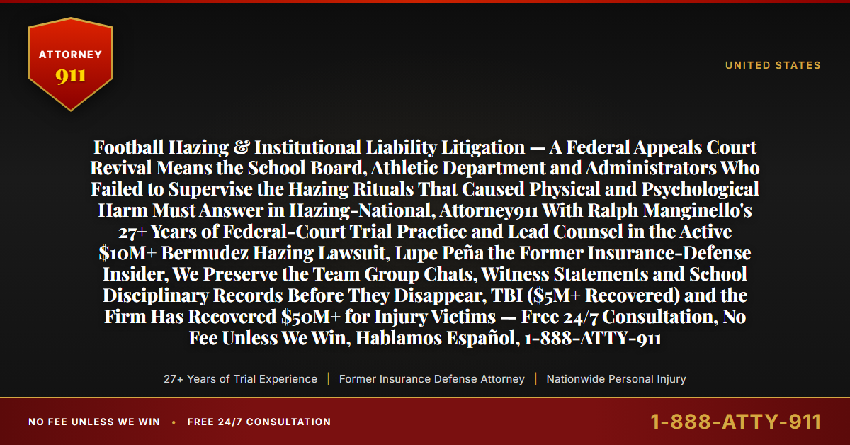 Football Hazing & Institutional Liability Litigation — A Federal Appeals Court Revival Means the School Board, Athletic Department and Administrators Who Failed to Supervise the Hazing Rituals That Caused Physical and Psychological Harm Must Answer in Hazing-National, Attorney911 With Ralph Manginello's 27+ Years of Federal-Court Trial Practice and Lead Counsel in the Active $10M+ Bermudez Hazing Lawsuit, Lupe Peña the Former Insurance-Defense Insider, We Preserve the Team Group Chats, Witness Statements and School Disciplinary Records Before They Disappear, TBI ($5M+ Recovered) and the Firm Has Recovered $50M+ for Injury Victims — Free 24/7 Consultation, No Fee Unless We Win, Hablamos Español, 1-888-ATTY-911 - Attorney911