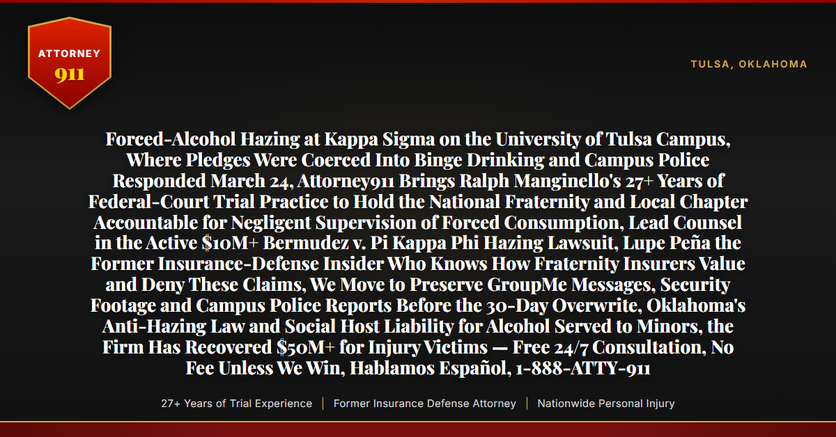 Forced-Alcohol Hazing at Kappa Sigma on the University of Tulsa Campus, Where Pledges Were Coerced Into Binge Drinking and Campus Police Responded March 24, Attorney911 Brings Ralph Manginello's 27+ Years of Federal-Court Trial Practice to Hold the National Fraternity and Local Chapter Accountable for Negligent Supervision of Forced Consumption, Lead Counsel in the Active $10M+ Bermudez v. Pi Kappa Phi Hazing Lawsuit, Lupe Peña the Former Insurance-Defense Insider Who Knows How Fraternity Insurers Value and Deny These Claims, We Move to Preserve GroupMe Messages, Security Footage and Campus Police Reports Before the 30-Day Overwrite, Oklahoma's Anti-Hazing Law and Social Host Liability for Alcohol Served to Minors, the Firm Has Recovered $50M+ for Injury Victims — Free 24/7 Consultation, No Fee Unless We Win, Hablamos Español, 1-888-ATTY-911 - Attorney911