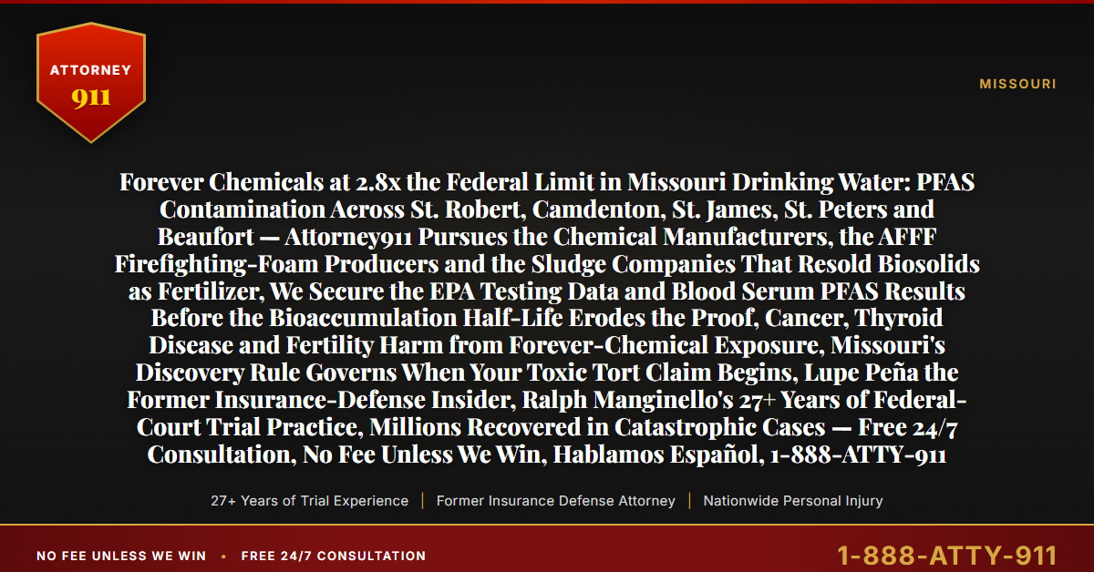 Forever Chemicals at 2.8x the Federal Limit in Missouri Drinking Water: PFAS Contamination Across St. Robert, Camdenton, St. James, St. Peters and Beaufort — Attorney911 Pursues the Chemical Manufacturers, the AFFF Firefighting-Foam Producers and the Sludge Companies That Resold Biosolids as Fertilizer, We Secure the EPA Testing Data and Blood Serum PFAS Results Before the Bioaccumulation Half-Life Erodes the Proof, Cancer, Thyroid Disease and Fertility Harm from Forever-Chemical Exposure, Missouri's Discovery Rule Governs When Your Toxic Tort Claim Begins, Lupe Peña the Former Insurance-Defense Insider, Ralph Manginello's 27+ Years of Federal-Court Trial Practice, Millions Recovered in Catastrophic Cases — Free 24/7 Consultation, No Fee Unless We Win, Hablamos Español, 1-888-ATTY-911 - Attorney911