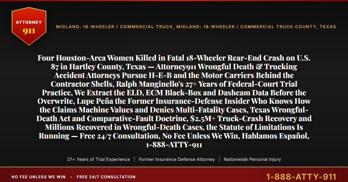 Four Houston-Area Women Killed in Fatal 18-Wheeler Rear-End Crash on U.S. 87 in Hartley County, Texas — Attorney911 Wrongful Death & Trucking Accident Attorneys Pursue H-E-B and the Motor Carriers Behind the Contractor Shells, Ralph Manginello's 27+ Years of Federal-Court Trial Practice, We Extract the ELD, ECM Black-Box and Dashcam Data Before the Overwrite, Lupe Peña the Former Insurance-Defense Insider Who Knows How the Claims Machine Values and Denies Multi-Fatality Cases, Texas Wrongful-Death Act and Comparative-Fault Doctrine, $2.5M+ Truck-Crash Recovery and Millions Recovered in Wrongful-Death Cases, the Statute of Limitations Is Running — Free 24/7 Consultation, No Fee Unless We Win, Hablamos Español, 1-888-ATTY-911 - Attorney911