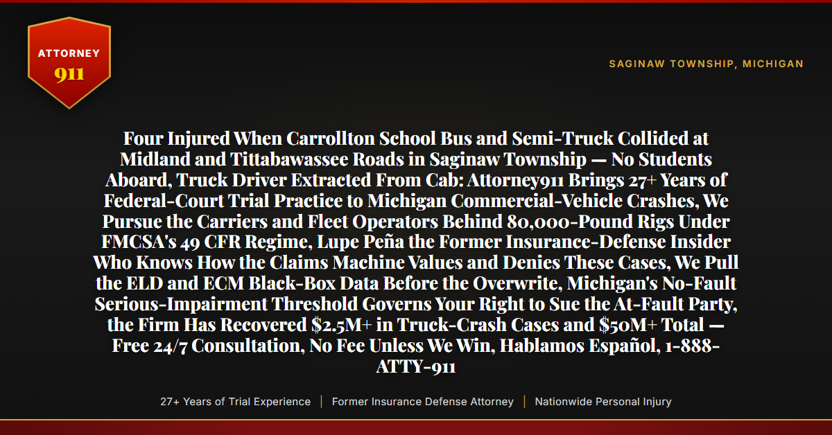 Four Injured When Carrollton School Bus and Semi-Truck Collided at Midland and Tittabawassee Roads in Saginaw Township — No Students Aboard, Truck Driver Extracted From Cab: Attorney911 Brings 27+ Years of Federal-Court Trial Practice to Michigan Commercial-Vehicle Crashes, We Pursue the Carriers and Fleet Operators Behind 80,000-Pound Rigs Under FMCSA's 49 CFR Regime, Lupe Peña the Former Insurance-Defense Insider Who Knows How the Claims Machine Values and Denies These Cases, We Pull the ELD and ECM Black-Box Data Before the Overwrite, Michigan's No-Fault Serious-Impairment Threshold Governs Your Right to Sue the At-Fault Party, the Firm Has Recovered $2.5M+ in Truck-Crash Cases and $50M+ Total — Free 24/7 Consultation, No Fee Unless We Win, Hablamos Español, 1-888-ATTY-911 - Attorney911
