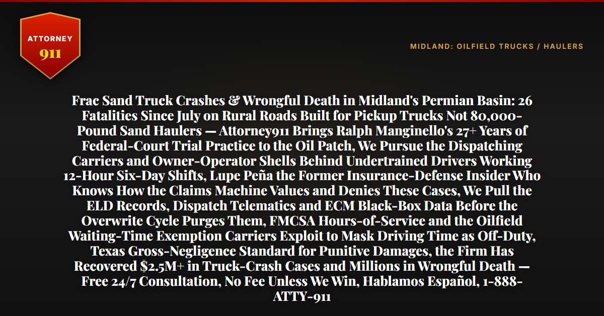 Frac Sand Truck Crashes & Wrongful Death in Midland's Permian Basin: 26 Fatalities Since July on Rural Roads Built for Pickup Trucks Not 80,000-Pound Sand Haulers — Attorney911 Brings Ralph Manginello's 27+ Years of Federal-Court Trial Practice to the Oil Patch, We Pursue the Dispatching Carriers and Owner-Operator Shells Behind Undertrained Drivers Working 12-Hour Six-Day Shifts, Lupe Peña the Former Insurance-Defense Insider Who Knows How the Claims Machine Values and Denies These Cases, We Pull the ELD Records, Dispatch Telematics and ECM Black-Box Data Before the Overwrite Cycle Purges Them, FMCSA Hours-of-Service and the Oilfield Waiting-Time Exemption Carriers Exploit to Mask Driving Time as Off-Duty, Texas Gross-Negligence Standard for Punitive Damages, the Firm Has Recovered $2.5M+ in Truck-Crash Cases and Millions in Wrongful Death — Free 24/7 Consultation, No Fee Unless We Win, Hablamos Español, 1-888-ATTY-911 - Attorney911