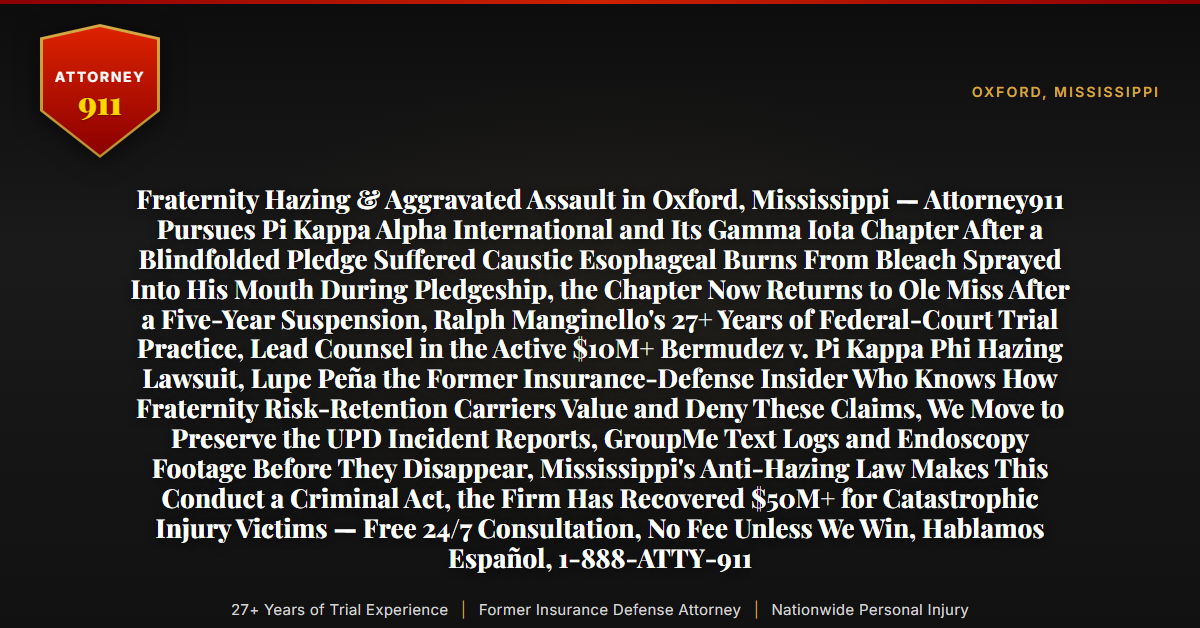 Fraternity Hazing & Aggravated Assault in Oxford, Mississippi — Attorney911 Pursues Pi Kappa Alpha International and Its Gamma Iota Chapter After a Blindfolded Pledge Suffered Caustic Esophageal Burns From Bleach Sprayed Into His Mouth During Pledgeship, the Chapter Now Returns to Ole Miss After a Five-Year Suspension, Ralph Manginello's 27+ Years of Federal-Court Trial Practice, Lead Counsel in the Active $10M+ Bermudez v. Pi Kappa Phi Hazing Lawsuit, Lupe Peña the Former Insurance-Defense Insider Who Knows How Fraternity Risk-Retention Carriers Value and Deny These Claims, We Move to Preserve the UPD Incident Reports, GroupMe Text Logs and Endoscopy Footage Before They Disappear, Mississippi's Anti-Hazing Law Makes This Conduct a Criminal Act, the Firm Has Recovered $50M+ for Catastrophic Injury Victims — Free 24/7 Consultation, No Fee Unless We Win, Hablamos Español, 1-888-ATTY-911 - Attorney911