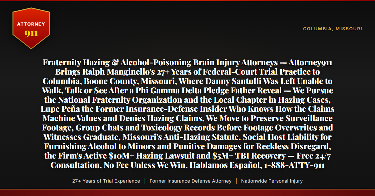 Fraternity Hazing & Alcohol-Poisoning Brain Injury Attorneys — Attorney911 Brings Ralph Manginello's 27+ Years of Federal-Court Trial Practice to Columbia, Boone County, Missouri, Where Danny Santulli Was Left Unable to Walk, Talk or See After a Phi Gamma Delta Pledge Father Reveal — We Pursue the National Fraternity Organization and the Local Chapter in Hazing Cases, Lupe Peña the Former Insurance-Defense Insider Who Knows How the Claims Machine Values and Denies Hazing Claims, We Move to Preserve Surveillance Footage, Group Chats and Toxicology Records Before Footage Overwrites and Witnesses Graduate, Missouri's Anti-Hazing Statute, Social Host Liability for Furnishing Alcohol to Minors and Punitive Damages for Reckless Disregard, the Firm's Active $10M+ Hazing Lawsuit and $5M+ TBI Recovery — Free 24/7 Consultation, No Fee Unless We Win, Hablamos Español, 1-888-ATTY-911 - Attorney911