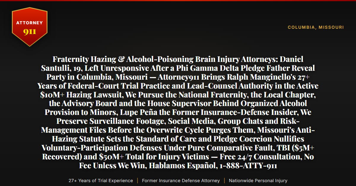 Fraternity Hazing & Alcohol-Poisoning Brain Injury Attorneys: Daniel Santulli, 19, Left Unresponsive After a Phi Gamma Delta Pledge Father Reveal Party in Columbia, Missouri — Attorney911 Brings Ralph Manginello's 27+ Years of Federal-Court Trial Practice and Lead-Counsel Authority in the Active $10M+ Hazing Lawsuit, We Pursue the National Fraternity, the Local Chapter, the Advisory Board and the House Supervisor Behind Organized Alcohol Provision to Minors, Lupe Peña the Former Insurance-Defense Insider, We Preserve Surveillance Footage, Social Media, Group Chats and Risk-Management Files Before the Overwrite Cycle Purges Them, Missouri's Anti-Hazing Statute Sets the Standard of Care and Pledge Coercion Nullifies Voluntary-Participation Defenses Under Pure Comparative Fault, TBI ($5M+ Recovered) and $50M+ Total for Injury Victims — Free 24/7 Consultation, No Fee Unless We Win, Hablamos Español, 1-888-ATTY-911 - Attorney911