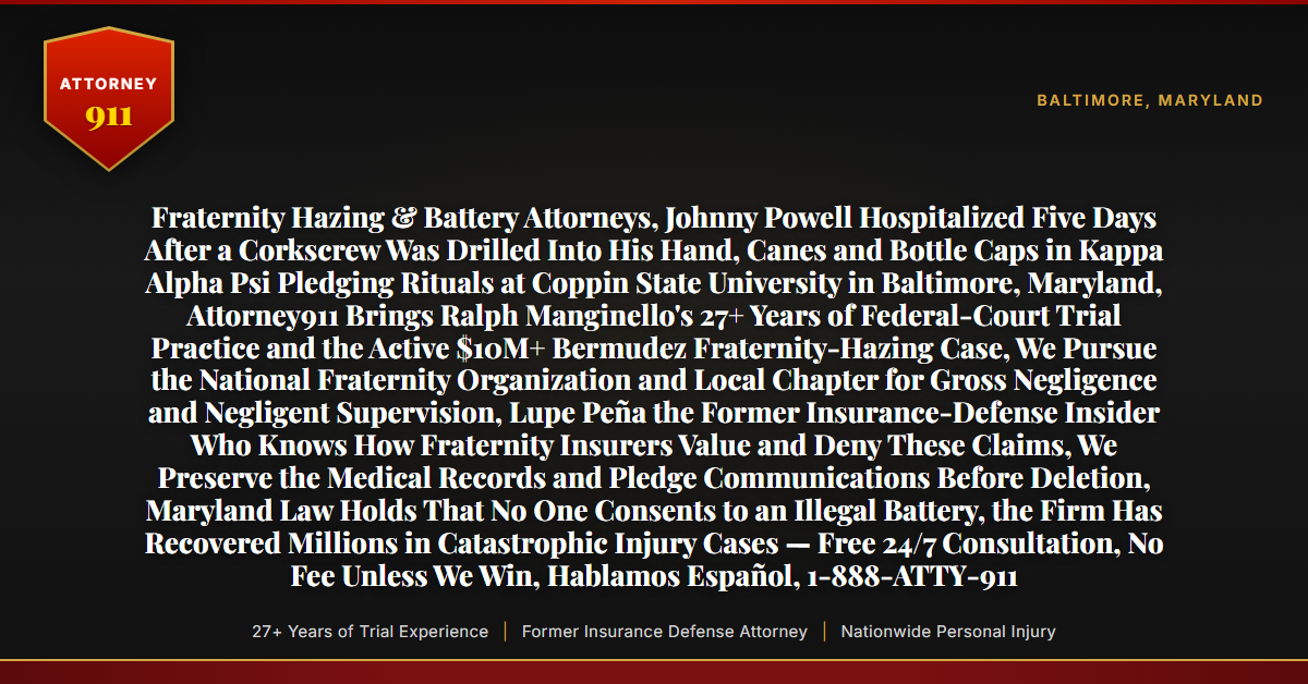 Fraternity Hazing & Battery Attorneys, Johnny Powell Hospitalized Five Days After a Corkscrew Was Drilled Into His Hand, Canes and Bottle Caps in Kappa Alpha Psi Pledging Rituals at Coppin State University in Baltimore, Maryland, Attorney911 Brings Ralph Manginello's 27+ Years of Federal-Court Trial Practice and the Active $10M+ Bermudez Fraternity-Hazing Case, We Pursue the National Fraternity Organization and Local Chapter for Gross Negligence and Negligent Supervision, Lupe Peña the Former Insurance-Defense Insider Who Knows How Fraternity Insurers Value and Deny These Claims, We Preserve the Medical Records and Pledge Communications Before Deletion, Maryland Law Holds That No One Consents to an Illegal Battery, the Firm Has Recovered Millions in Catastrophic Injury Cases — Free 24/7 Consultation, No Fee Unless We Win, Hablamos Español, 1-888-ATTY-911 - Attorney911