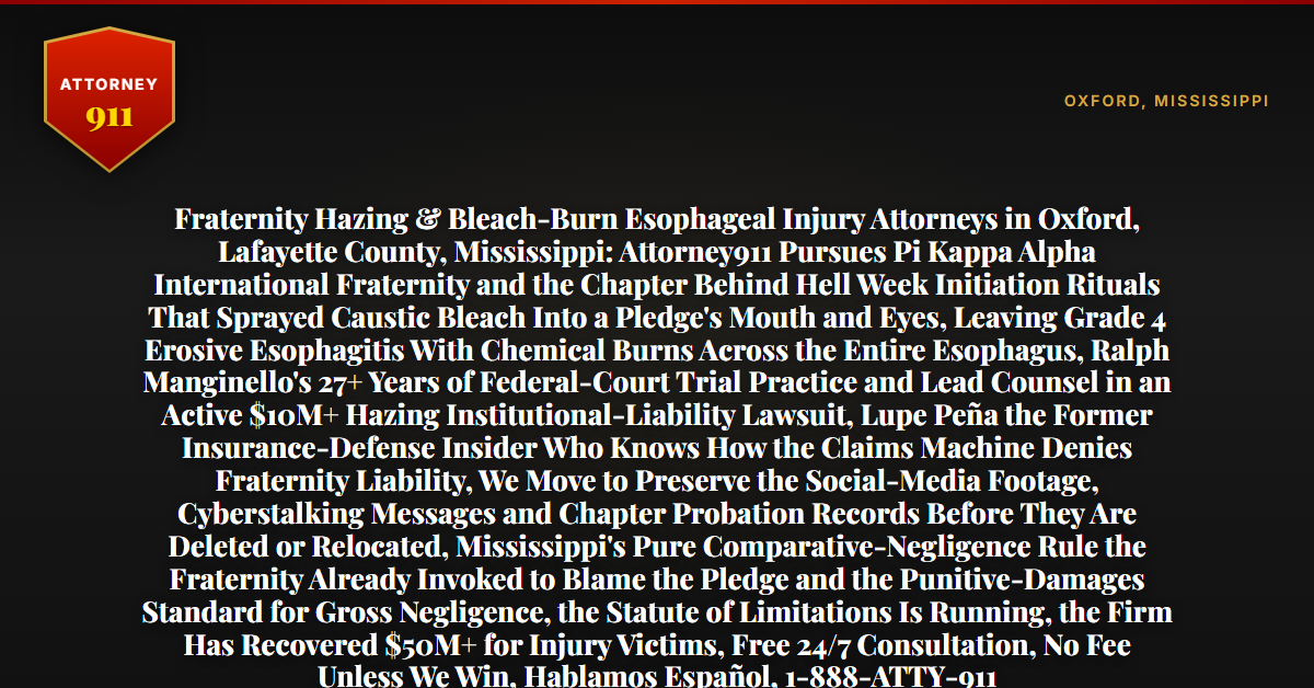 Fraternity Hazing & Bleach-Burn Esophageal Injury Attorneys in Oxford, Lafayette County, Mississippi: Attorney911 Pursues Pi Kappa Alpha International Fraternity and the Chapter Behind Hell Week Initiation Rituals That Sprayed Caustic Bleach Into a Pledge's Mouth and Eyes, Leaving Grade 4 Erosive Esophagitis With Chemical Burns Across the Entire Esophagus, Ralph Manginello's 27+ Years of Federal-Court Trial Practice and Lead Counsel in an Active $10M+ Hazing Institutional-Liability Lawsuit, Lupe Peña the Former Insurance-Defense Insider Who Knows How the Claims Machine Denies Fraternity Liability, We Move to Preserve the Social-Media Footage, Cyberstalking Messages and Chapter Probation Records Before They Are Deleted or Relocated, Mississippi's Pure Comparative-Negligence Rule the Fraternity Already Invoked to Blame the Pledge and the Punitive-Damages Standard for Gross Negligence, the Statute of Limitations Is Running, the Firm Has Recovered $50M+ for Injury Victims, Free 24/7 Consultation, No Fee Unless We Win, Hablamos Español, 1-888-ATTY-911 - Attorney911