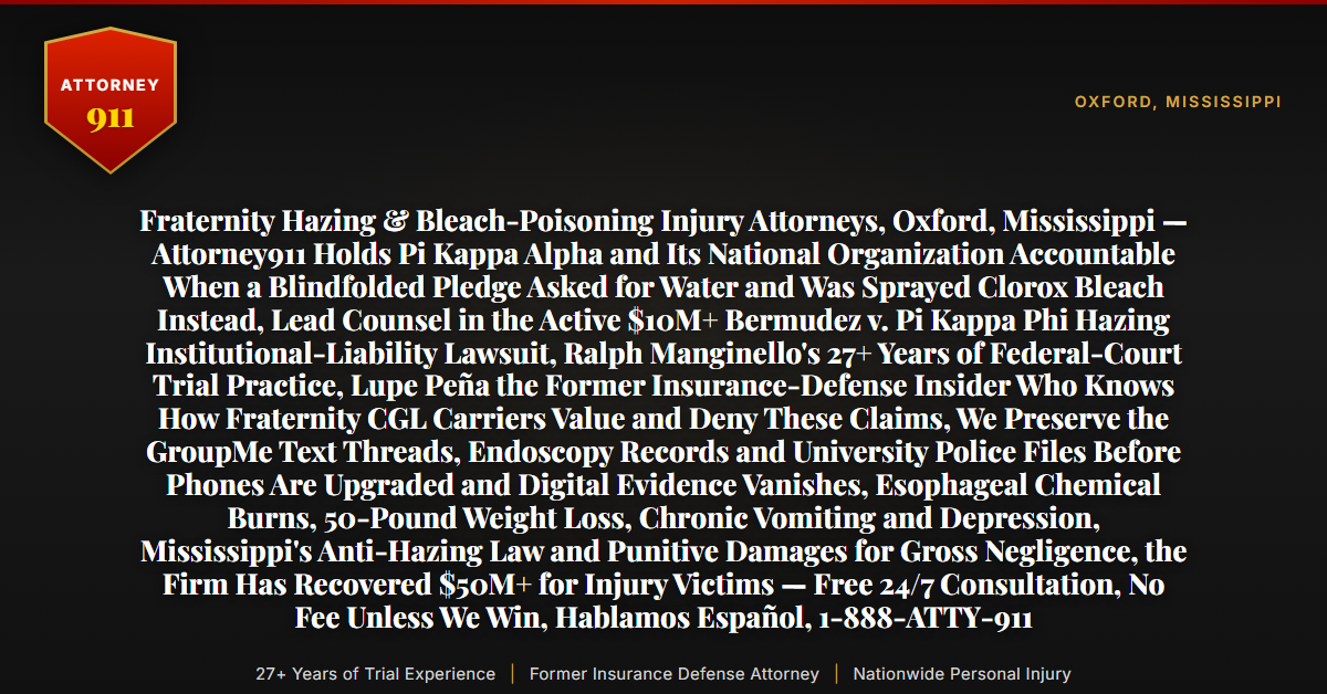 Fraternity Hazing & Bleach-Poisoning Injury Attorneys, Oxford, Mississippi — Attorney911 Holds Pi Kappa Alpha and Its National Organization Accountable When a Blindfolded Pledge Asked for Water and Was Sprayed Clorox Bleach Instead, Lead Counsel in the Active $10M+ Bermudez v. Pi Kappa Phi Hazing Institutional-Liability Lawsuit, Ralph Manginello's 27+ Years of Federal-Court Trial Practice, Lupe Peña the Former Insurance-Defense Insider Who Knows How Fraternity CGL Carriers Value and Deny These Claims, We Preserve the GroupMe Text Threads, Endoscopy Records and University Police Files Before Phones Are Upgraded and Digital Evidence Vanishes, Esophageal Chemical Burns, 50-Pound Weight Loss, Chronic Vomiting and Depression, Mississippi's Anti-Hazing Law and Punitive Damages for Gross Negligence, the Firm Has Recovered $50M+ for Injury Victims — Free 24/7 Consultation, No Fee Unless We Win, Hablamos Español, 1-888-ATTY-911 - Attorney911