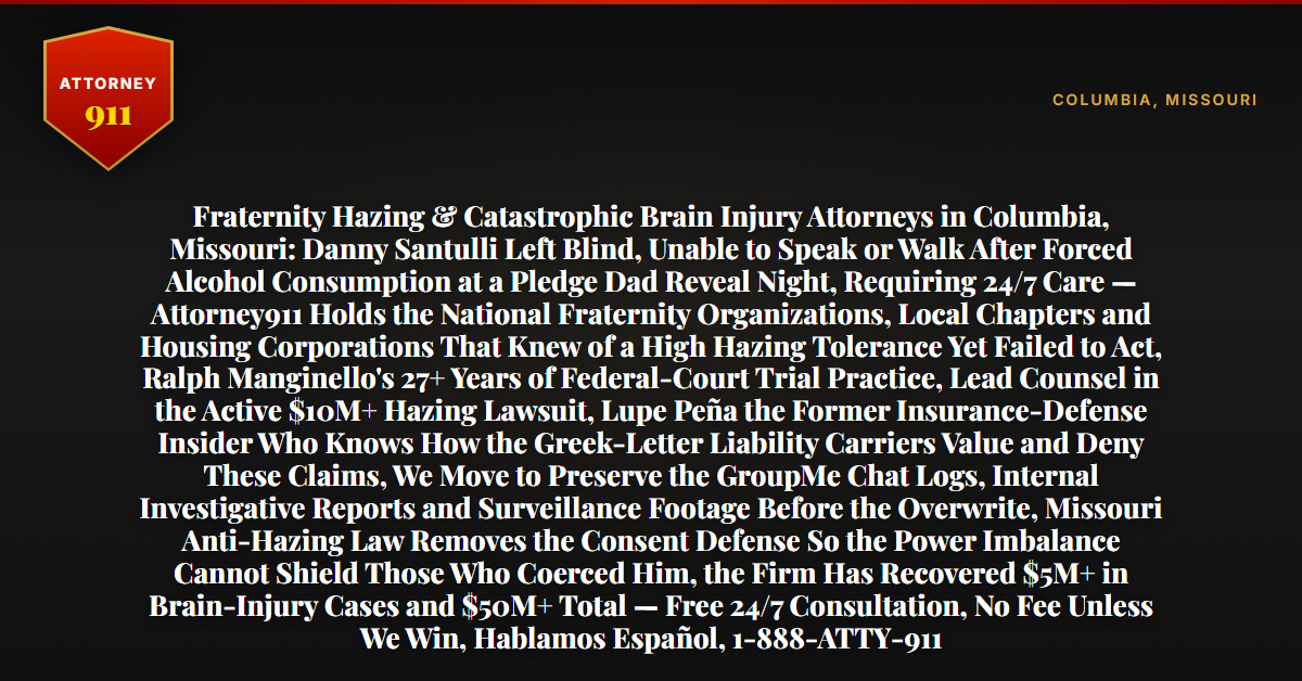 Fraternity Hazing & Catastrophic Brain Injury Attorneys in Columbia, Missouri: Danny Santulli Left Blind, Unable to Speak or Walk After Forced Alcohol Consumption at a Pledge Dad Reveal Night, Requiring 24/7 Care — Attorney911 Holds the National Fraternity Organizations, Local Chapters and Housing Corporations That Knew of a High Hazing Tolerance Yet Failed to Act, Ralph Manginello's 27+ Years of Federal-Court Trial Practice, Lead Counsel in the Active $10M+ Hazing Lawsuit, Lupe Peña the Former Insurance-Defense Insider Who Knows How the Greek-Letter Liability Carriers Value and Deny These Claims, We Move to Preserve the GroupMe Chat Logs, Internal Investigative Reports and Surveillance Footage Before the Overwrite, Missouri Anti-Hazing Law Removes the Consent Defense So the Power Imbalance Cannot Shield Those Who Coerced Him, the Firm Has Recovered $5M+ in Brain-Injury Cases and $50M+ Total — Free 24/7 Consultation, No Fee Unless We Win, Hablamos Español, 1-888-ATTY-911 - Attorney911