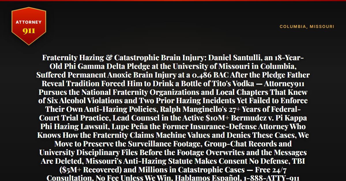 Fraternity Hazing & Catastrophic Brain Injury: Daniel Santulli, an 18-Year-Old Phi Gamma Delta Pledge at the University of Missouri in Columbia, Suffered Permanent Anoxic Brain Injury at a 0.486 BAC After the Pledge Father Reveal Tradition Forced Him to Drink a Bottle of Tito's Vodka — Attorney911 Pursues the National Fraternity Organizations and Local Chapters That Knew of Six Alcohol Violations and Two Prior Hazing Incidents Yet Failed to Enforce Their Own Anti-Hazing Policies, Ralph Manginello's 27+ Years of Federal-Court Trial Practice, Lead Counsel in the Active $10M+ Bermudez v. Pi Kappa Phi Hazing Lawsuit, Lupe Peña the Former Insurance-Defense Attorney Who Knows How the Fraternity Claims Machine Values and Denies These Cases, We Move to Preserve the Surveillance Footage, Group-Chat Records and University Disciplinary Files Before the Footage Overwrites and the Messages Are Deleted, Missouri's Anti-Hazing Statute Makes Consent No Defense, TBI ($5M+ Recovered) and Millions in Catastrophic Cases — Free 24/7 Consultation, No Fee Unless We Win, Hablamos Español, 1-888-ATTY-911 - Attorney911
