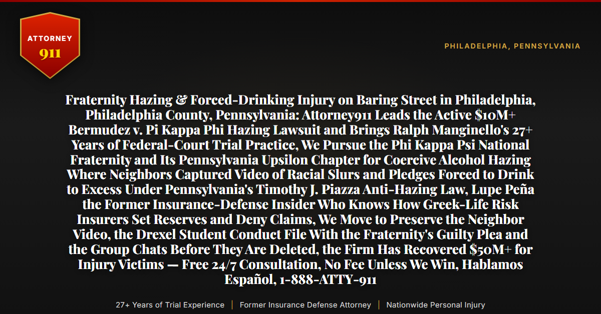 Fraternity Hazing & Forced-Drinking Injury on Baring Street in Philadelphia, Philadelphia County, Pennsylvania: Attorney911 Leads the Active $10M+ Bermudez v. Pi Kappa Phi Hazing Lawsuit and Brings Ralph Manginello's 27+ Years of Federal-Court Trial Practice, We Pursue the Phi Kappa Psi National Fraternity and Its Pennsylvania Upsilon Chapter for Coercive Alcohol Hazing Where Neighbors Captured Video of Racial Slurs and Pledges Forced to Drink to Excess Under Pennsylvania's Timothy J. Piazza Anti-Hazing Law, Lupe Peña the Former Insurance-Defense Insider Who Knows How Greek-Life Risk Insurers Set Reserves and Deny Claims, We Move to Preserve the Neighbor Video, the Drexel Student Conduct File With the Fraternity's Guilty Plea and the Group Chats Before They Are Deleted, the Firm Has Recovered $50M+ for Injury Victims — Free 24/7 Consultation, No Fee Unless We Win, Hablamos Español, 1-888-ATTY-911 - Attorney911