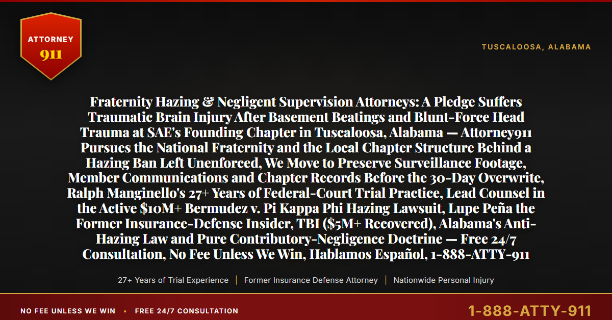 Fraternity Hazing & Negligent Supervision Attorneys: A Pledge Suffers Traumatic Brain Injury After Basement Beatings and Blunt-Force Head Trauma at SAE's Founding Chapter in Tuscaloosa, Alabama — Attorney911 Pursues the National Fraternity and the Local Chapter Structure Behind a Hazing Ban Left Unenforced, We Move to Preserve Surveillance Footage, Member Communications and Chapter Records Before the 30-Day Overwrite, Ralph Manginello's 27+ Years of Federal-Court Trial Practice, Lead Counsel in the Active $10M+ Bermudez v. Pi Kappa Phi Hazing Lawsuit, Lupe Peña the Former Insurance-Defense Insider, TBI ($5M+ Recovered), Alabama's Anti-Hazing Law and Pure Contributory-Negligence Doctrine — Free 24/7 Consultation, No Fee Unless We Win, Hablamos Español, 1-888-ATTY-911 - Attorney911