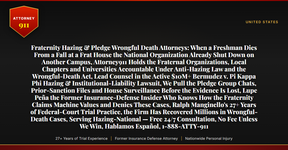 Fraternity Hazing & Pledge Wrongful Death Attorneys: When a Freshman Dies From a Fall at a Frat House the National Organization Already Shut Down on Another Campus, Attorney911 Holds the Fraternal Organizations, Local Chapters and Universities Accountable Under Anti-Hazing Law and the Wrongful-Death Act, Lead Counsel in the Active $10M+ Bermudez v. Pi Kappa Phi Hazing & Institutional-Liability Lawsuit, We Pull the Pledge Group Chats, Prior-Sanction Files and House Surveillance Before the Evidence Is Lost, Lupe Peña the Former Insurance-Defense Insider Who Knows How the Fraternity Claims Machine Values and Denies These Cases, Ralph Manginello's 27+ Years of Federal-Court Trial Practice, the Firm Has Recovered Millions in Wrongful-Death Cases, Serving Hazing-National — Free 24/7 Consultation, No Fee Unless We Win, Hablamos Español, 1-888-ATTY-911 - Attorney911