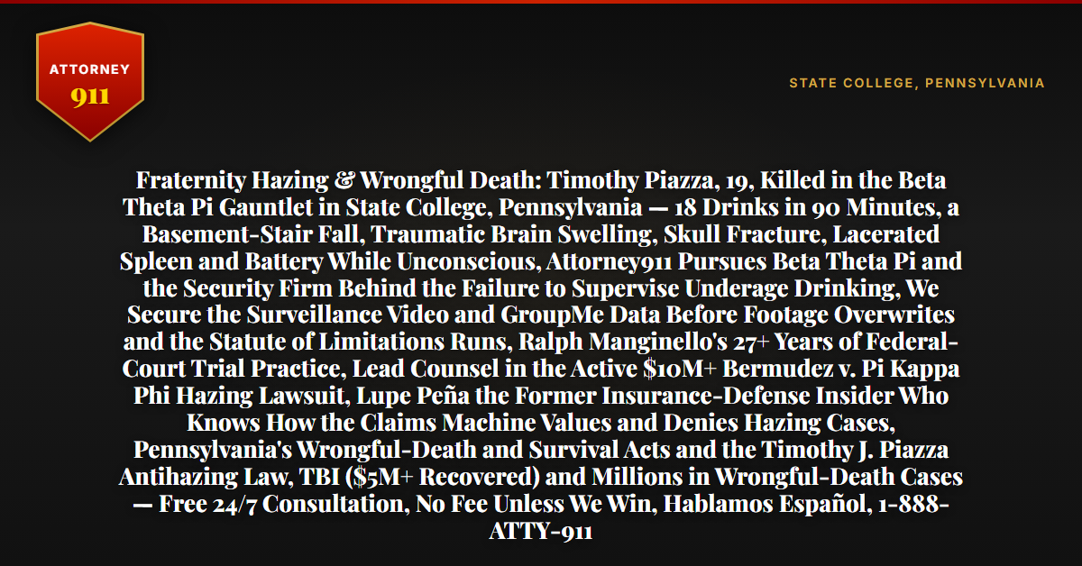 Fraternity Hazing & Wrongful Death: Timothy Piazza, 19, Killed in the Beta Theta Pi Gauntlet in State College, Pennsylvania — 18 Drinks in 90 Minutes, a Basement-Stair Fall, Traumatic Brain Swelling, Skull Fracture, Lacerated Spleen and Battery While Unconscious, Attorney911 Pursues Beta Theta Pi and the Security Firm Behind the Failure to Supervise Underage Drinking, We Secure the Surveillance Video and GroupMe Data Before Footage Overwrites and the Statute of Limitations Runs, Ralph Manginello's 27+ Years of Federal-Court Trial Practice, Lead Counsel in the Active $10M+ Bermudez v. Pi Kappa Phi Hazing Lawsuit, Lupe Peña the Former Insurance-Defense Insider Who Knows How the Claims Machine Values and Denies Hazing Cases, Pennsylvania's Wrongful-Death and Survival Acts and the Timothy J. Piazza Antihazing Law, TBI ($5M+ Recovered) and Millions in Wrongful-Death Cases — Free 24/7 Consultation, No Fee Unless We Win, Hablamos Español, 1-888-ATTY-911 - Attorney911