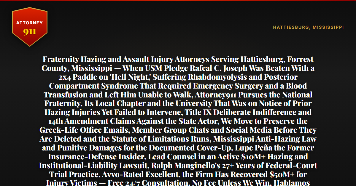 Fraternity Hazing and Assault Injury Attorneys Serving Hattiesburg, Forrest County, Mississippi — When USM Pledge Rafeal C. Joseph Was Beaten With a 2x4 Paddle on 'Hell Night,' Suffering Rhabdomyolysis and Posterior Compartment Syndrome That Required Emergency Surgery and a Blood Transfusion and Left Him Unable to Walk, Attorney911 Pursues the National Fraternity, Its Local Chapter and the University That Was on Notice of Prior Hazing Injuries Yet Failed to Intervene, Title IX Deliberate Indifference and 14th Amendment Claims Against the State Actor, We Move to Preserve the Greek-Life Office Emails, Member Group Chats and Social Media Before They Are Deleted and the Statute of Limitations Runs, Mississippi Anti-Hazing Law and Punitive Damages for the Documented Cover-Up, Lupe Peña the Former Insurance-Defense Insider, Lead Counsel in an Active $10M+ Hazing and Institutional-Liability Lawsuit, Ralph Manginello's 27+ Years of Federal-Court Trial Practice, Avvo-Rated Excellent, the Firm Has Recovered $50M+ for Injury Victims — Free 24/7 Consultation, No Fee Unless We Win, Hablamos Español, 1-888-ATTY-911 - Attorney911