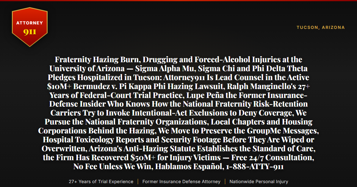 Fraternity Hazing Burn, Drugging and Forced-Alcohol Injuries at the University of Arizona — Sigma Alpha Mu, Sigma Chi and Phi Delta Theta Pledges Hospitalized in Tucson: Attorney911 Is Lead Counsel in the Active $10M+ Bermudez v. Pi Kappa Phi Hazing Lawsuit, Ralph Manginello's 27+ Years of Federal-Court Trial Practice, Lupe Peña the Former Insurance-Defense Insider Who Knows How the National Fraternity Risk-Retention Carriers Try to Invoke Intentional-Act Exclusions to Deny Coverage, We Pursue the National Fraternity Organizations, Local Chapters and Housing Corporations Behind the Hazing, We Move to Preserve the GroupMe Messages, Hospital Toxicology Reports and Security Footage Before They Are Wiped or Overwritten, Arizona's Anti-Hazing Statute Establishes the Standard of Care, the Firm Has Recovered $50M+ for Injury Victims — Free 24/7 Consultation, No Fee Unless We Win, Hablamos Español, 1-888-ATTY-911 - Attorney911