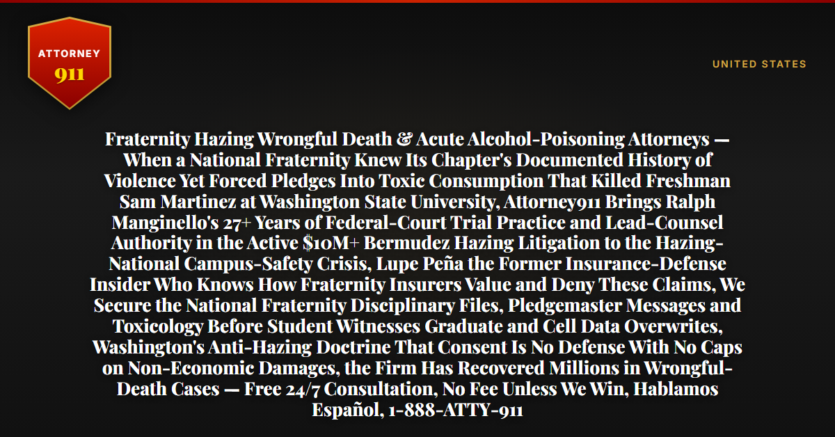 Fraternity Hazing Wrongful Death & Acute Alcohol-Poisoning Attorneys — When a National Fraternity Knew Its Chapter's Documented History of Violence Yet Forced Pledges Into Toxic Consumption That Killed Freshman Sam Martinez at Washington State University, Attorney911 Brings Ralph Manginello's 27+ Years of Federal-Court Trial Practice and Lead-Counsel Authority in the Active $10M+ Bermudez Hazing Litigation to the Hazing-National Campus-Safety Crisis, Lupe Peña the Former Insurance-Defense Insider Who Knows How Fraternity Insurers Value and Deny These Claims, We Secure the National Fraternity Disciplinary Files, Pledgemaster Messages and Toxicology Before Student Witnesses Graduate and Cell Data Overwrites, Washington's Anti-Hazing Doctrine That Consent Is No Defense With No Caps on Non-Economic Damages, the Firm Has Recovered Millions in Wrongful-Death Cases — Free 24/7 Consultation, No Fee Unless We Win, Hablamos Español, 1-888-ATTY-911 - Attorney911