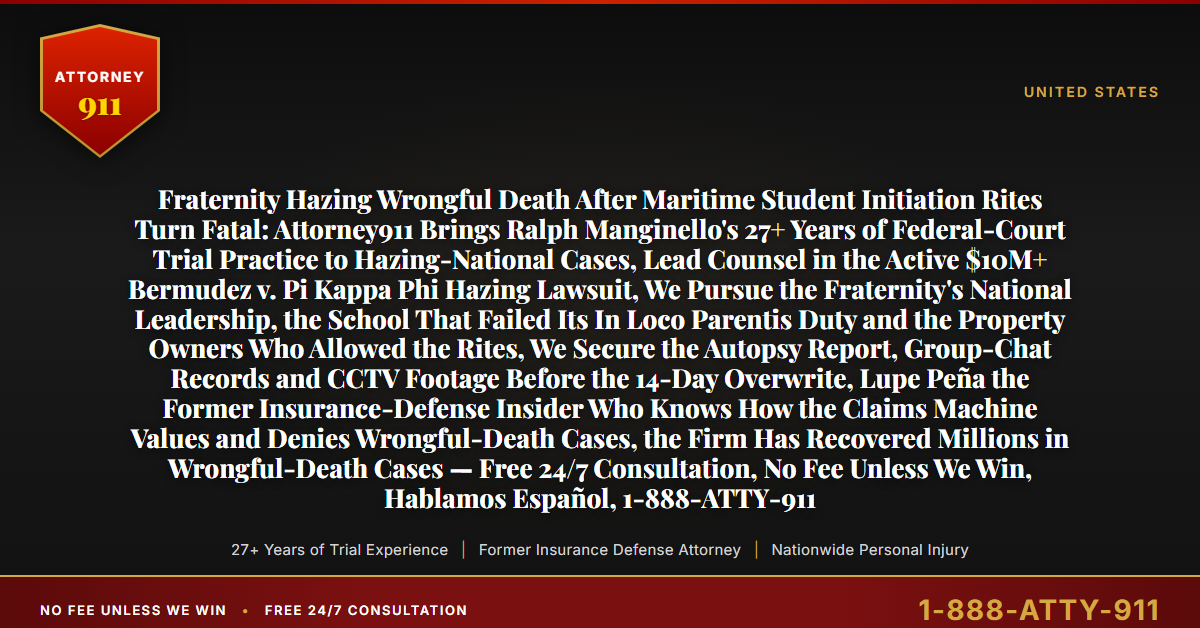 Fraternity Hazing Wrongful Death After Maritime Student Initiation Rites Turn Fatal: Attorney911 Brings Ralph Manginello's 27+ Years of Federal-Court Trial Practice to Hazing-National Cases, Lead Counsel in the Active $10M+ Bermudez v. Pi Kappa Phi Hazing Lawsuit, We Pursue the Fraternity's National Leadership, the School That Failed Its In Loco Parentis Duty and the Property Owners Who Allowed the Rites, We Secure the Autopsy Report, Group-Chat Records and CCTV Footage Before the 14-Day Overwrite, Lupe Peña the Former Insurance-Defense Insider Who Knows How the Claims Machine Values and Denies Wrongful-Death Cases, the Firm Has Recovered Millions in Wrongful-Death Cases — Free 24/7 Consultation, No Fee Unless We Win, Hablamos Español, 1-888-ATTY-911 - Attorney911