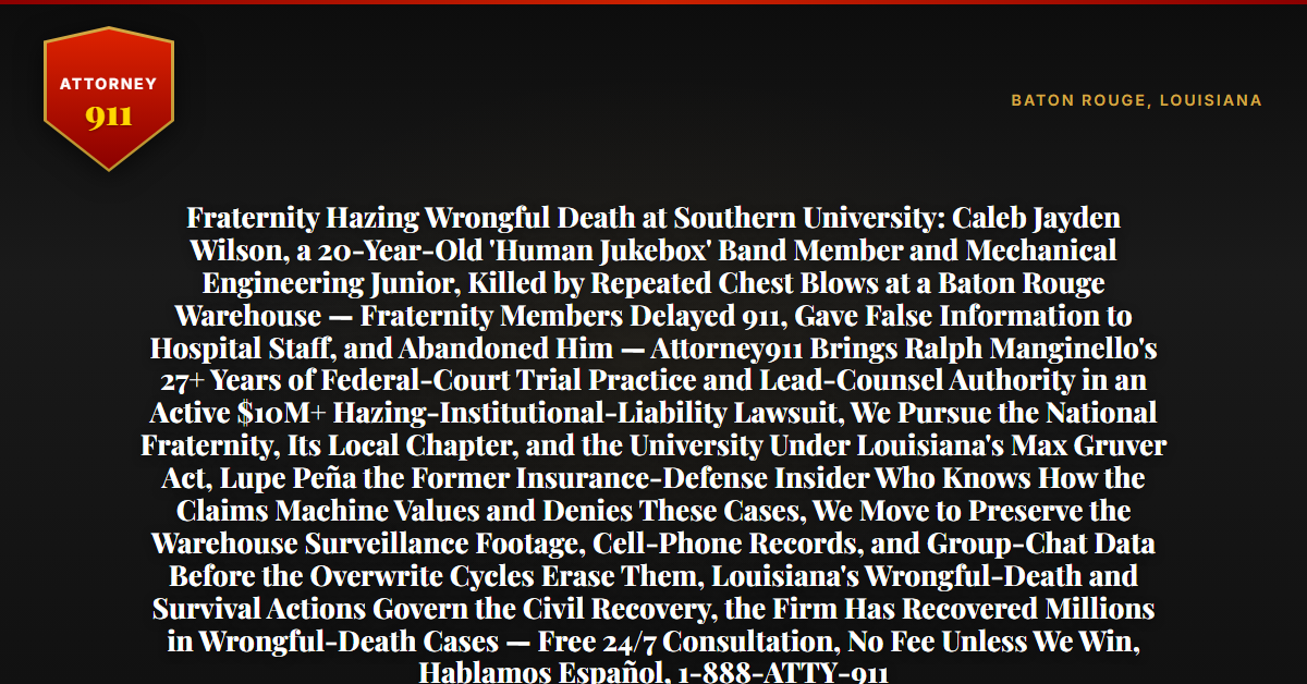Fraternity Hazing Wrongful Death at Southern University: Caleb Jayden Wilson, a 20-Year-Old 'Human Jukebox' Band Member and Mechanical Engineering Junior, Killed by Repeated Chest Blows at a Baton Rouge Warehouse — Fraternity Members Delayed 911, Gave False Information to Hospital Staff, and Abandoned Him — Attorney911 Brings Ralph Manginello's 27+ Years of Federal-Court Trial Practice and Lead-Counsel Authority in an Active $10M+ Hazing-Institutional-Liability Lawsuit, We Pursue the National Fraternity, Its Local Chapter, and the University Under Louisiana's Max Gruver Act, Lupe Peña the Former Insurance-Defense Insider Who Knows How the Claims Machine Values and Denies These Cases, We Move to Preserve the Warehouse Surveillance Footage, Cell-Phone Records, and Group-Chat Data Before the Overwrite Cycles Erase Them, Louisiana's Wrongful-Death and Survival Actions Govern the Civil Recovery, the Firm Has Recovered Millions in Wrongful-Death Cases — Free 24/7 Consultation, No Fee Unless We Win, Hablamos Español, 1-888-ATTY-911 - Attorney911