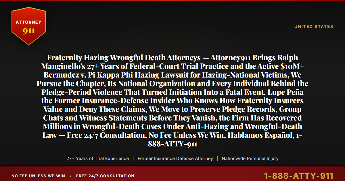 Fraternity Hazing Wrongful Death Attorneys — Attorney911 Brings Ralph Manginello's 27+ Years of Federal-Court Trial Practice and the Active $10M+ Bermudez v. Pi Kappa Phi Hazing Lawsuit for Hazing-National Victims, We Pursue the Chapter, Its National Organization and Every Individual Behind the Pledge-Period Violence That Turned Initiation Into a Fatal Event, Lupe Peña the Former Insurance-Defense Insider Who Knows How Fraternity Insurers Value and Deny These Claims, We Move to Preserve Pledge Records, Group Chats and Witness Statements Before They Vanish, the Firm Has Recovered Millions in Wrongful-Death Cases Under Anti-Hazing and Wrongful-Death Law — Free 24/7 Consultation, No Fee Unless We Win, Hablamos Español, 1-888-ATTY-911 - Attorney911