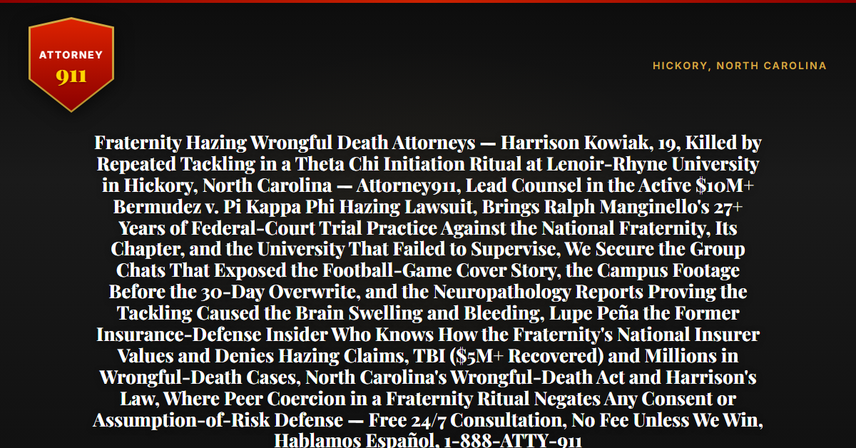 Fraternity Hazing Wrongful Death Attorneys — Harrison Kowiak, 19, Killed by Repeated Tackling in a Theta Chi Initiation Ritual at Lenoir-Rhyne University in Hickory, North Carolina — Attorney911, Lead Counsel in the Active $10M+ Bermudez v. Pi Kappa Phi Hazing Lawsuit, Brings Ralph Manginello's 27+ Years of Federal-Court Trial Practice Against the National Fraternity, Its Chapter, and the University That Failed to Supervise, We Secure the Group Chats That Exposed the Football-Game Cover Story, the Campus Footage Before the 30-Day Overwrite, and the Neuropathology Reports Proving the Tackling Caused the Brain Swelling and Bleeding, Lupe Peña the Former Insurance-Defense Insider Who Knows How the Fraternity's National Insurer Values and Denies Hazing Claims, TBI ($5M+ Recovered) and Millions in Wrongful-Death Cases, North Carolina's Wrongful-Death Act and Harrison's Law, Where Peer Coercion in a Fraternity Ritual Negates Any Consent or Assumption-of-Risk Defense — Free 24/7 Consultation, No Fee Unless We Win, Hablamos Español, 1-888-ATTY-911 - Attorney911