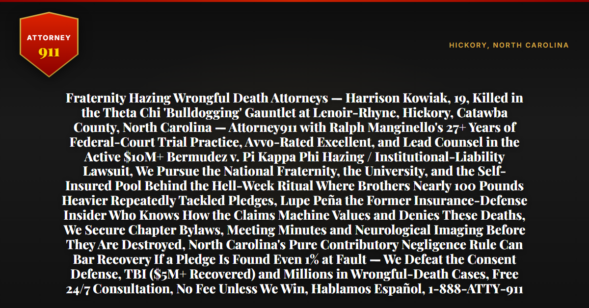 Fraternity Hazing Wrongful Death Attorneys — Harrison Kowiak, 19, Killed in the Theta Chi 'Bulldogging' Gauntlet at Lenoir-Rhyne, Hickory, Catawba County, North Carolina — Attorney911 with Ralph Manginello's 27+ Years of Federal-Court Trial Practice, Avvo-Rated Excellent, and Lead Counsel in the Active $10M+ Bermudez v. Pi Kappa Phi Hazing / Institutional-Liability Lawsuit, We Pursue the National Fraternity, the University, and the Self-Insured Pool Behind the Hell-Week Ritual Where Brothers Nearly 100 Pounds Heavier Repeatedly Tackled Pledges, Lupe Peña the Former Insurance-Defense Insider Who Knows How the Claims Machine Values and Denies These Deaths, We Secure Chapter Bylaws, Meeting Minutes and Neurological Imaging Before They Are Destroyed, North Carolina's Pure Contributory Negligence Rule Can Bar Recovery If a Pledge Is Found Even 1% at Fault — We Defeat the Consent Defense, TBI ($5M+ Recovered) and Millions in Wrongful-Death Cases, Free 24/7 Consultation, No Fee Unless We Win, Hablamos Español, 1-888-ATTY-911 - Attorney911