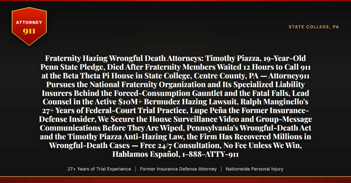Fraternity Hazing Wrongful Death Attorneys: Timothy Piazza, 19-Year-Old Penn State Pledge, Died After Fraternity Members Waited 12 Hours to Call 911 at the Beta Theta Pi House in State College, Centre County, PA — Attorney911 Pursues the National Fraternity Organization and Its Specialized Liability Insurers Behind the Forced-Consumption Gauntlet and the Fatal Falls, Lead Counsel in the Active $10M+ Bermudez Hazing Lawsuit, Ralph Manginello's 27+ Years of Federal-Court Trial Practice, Lupe Peña the Former Insurance-Defense Insider, We Secure the House Surveillance Video and Group-Message Communications Before They Are Wiped, Pennsylvania's Wrongful-Death Act and the Timothy Piazza Anti-Hazing Law, the Firm Has Recovered Millions in Wrongful-Death Cases — Free 24/7 Consultation, No Fee Unless We Win, Hablamos Español, 1-888-ATTY-911 - Attorney911
