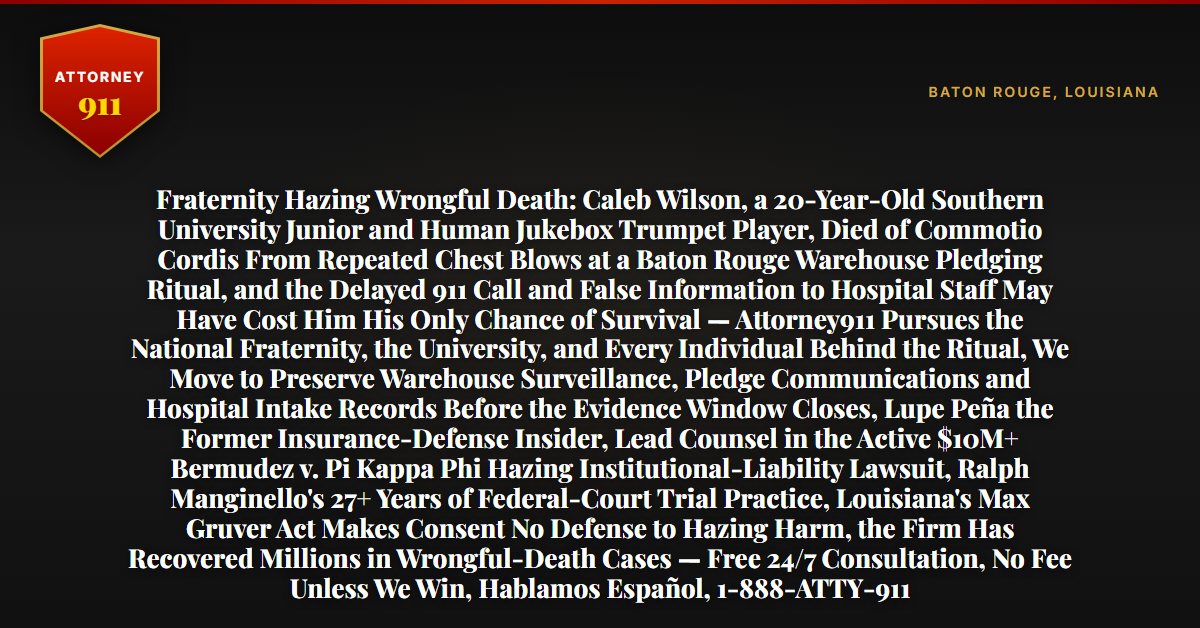 Fraternity Hazing Wrongful Death: Caleb Wilson, a 20-Year-Old Southern University Junior and Human Jukebox Trumpet Player, Died of Commotio Cordis From Repeated Chest Blows at a Baton Rouge Warehouse Pledging Ritual, and the Delayed 911 Call and False Information to Hospital Staff May Have Cost Him His Only Chance of Survival — Attorney911 Pursues the National Fraternity, the University, and Every Individual Behind the Ritual, We Move to Preserve Warehouse Surveillance, Pledge Communications and Hospital Intake Records Before the Evidence Window Closes, Lupe Peña the Former Insurance-Defense Insider, Lead Counsel in the Active $10M+ Bermudez v. Pi Kappa Phi Hazing Institutional-Liability Lawsuit, Ralph Manginello's 27+ Years of Federal-Court Trial Practice, Louisiana's Max Gruver Act Makes Consent No Defense to Hazing Harm, the Firm Has Recovered Millions in Wrongful-Death Cases — Free 24/7 Consultation, No Fee Unless We Win, Hablamos Español, 1-888-ATTY-911 - Attorney911