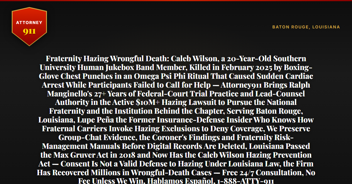 Fraternity Hazing Wrongful Death: Caleb Wilson, a 20-Year-Old Southern University Human Jukebox Band Member, Killed in February 2025 by Boxing-Glove Chest Punches in an Omega Psi Phi Ritual That Caused Sudden Cardiac Arrest While Participants Failed to Call for Help — Attorney911 Brings Ralph Manginello's 27+ Years of Federal-Court Trial Practice and Lead-Counsel Authority in the Active $10M+ Hazing Lawsuit to Pursue the National Fraternity and the Institution Behind the Chapter, Serving Baton Rouge, Louisiana, Lupe Peña the Former Insurance-Defense Insider Who Knows How Fraternal Carriers Invoke Hazing Exclusions to Deny Coverage, We Preserve Group-Chat Evidence, the Coroner's Findings and Fraternity Risk-Management Manuals Before Digital Records Are Deleted, Louisiana Passed the Max Gruver Act in 2018 and Now Has the Caleb Wilson Hazing Prevention Act — Consent Is Not a Valid Defense to Hazing Under Louisiana Law, the Firm Has Recovered Millions in Wrongful-Death Cases — Free 24/7 Consultation, No Fee Unless We Win, Hablamos Español, 1-888-ATTY-911 - Attorney911