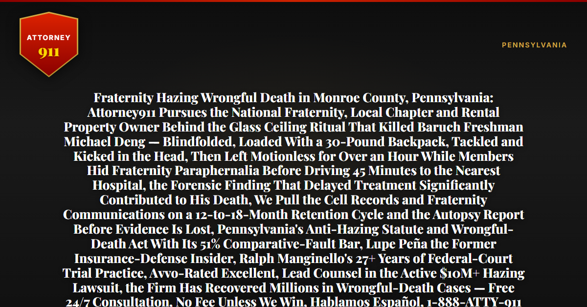 Fraternity Hazing Wrongful Death in Monroe County, Pennsylvania: Attorney911 Pursues the National Fraternity, Local Chapter and Rental Property Owner Behind the Glass Ceiling Ritual That Killed Baruch Freshman Michael Deng — Blindfolded, Loaded With a 30-Pound Backpack, Tackled and Kicked in the Head, Then Left Motionless for Over an Hour While Members Hid Fraternity Paraphernalia Before Driving 45 Minutes to the Nearest Hospital, the Forensic Finding That Delayed Treatment Significantly Contributed to His Death, We Pull the Cell Records and Fraternity Communications on a 12-to-18-Month Retention Cycle and the Autopsy Report Before Evidence Is Lost, Pennsylvania's Anti-Hazing Statute and Wrongful-Death Act With Its 51% Comparative-Fault Bar, Lupe Peña the Former Insurance-Defense Insider, Ralph Manginello's 27+ Years of Federal-Court Trial Practice, Avvo-Rated Excellent, Lead Counsel in the Active $10M+ Hazing Lawsuit, the Firm Has Recovered Millions in Wrongful-Death Cases — Free 24/7 Consultation, No Fee Unless We Win, Hablamos Español, 1-888-ATTY-911 - Attorney911