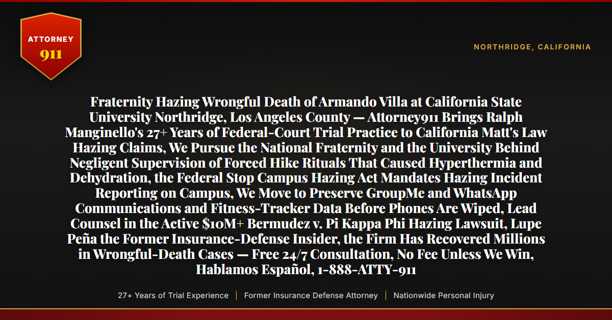 Fraternity Hazing Wrongful Death of Armando Villa at California State University Northridge, Los Angeles County — Attorney911 Brings Ralph Manginello's 27+ Years of Federal-Court Trial Practice to California Matt's Law Hazing Claims, We Pursue the National Fraternity and the University Behind Negligent Supervision of Forced Hike Rituals That Caused Hyperthermia and Dehydration, the Federal Stop Campus Hazing Act Mandates Hazing Incident Reporting on Campus, We Move to Preserve GroupMe and WhatsApp Communications and Fitness-Tracker Data Before Phones Are Wiped, Lead Counsel in the Active $10M+ Bermudez v. Pi Kappa Phi Hazing Lawsuit, Lupe Peña the Former Insurance-Defense Insider, the Firm Has Recovered Millions in Wrongful-Death Cases — Free 24/7 Consultation, No Fee Unless We Win, Hablamos Español, 1-888-ATTY-911 - Attorney911