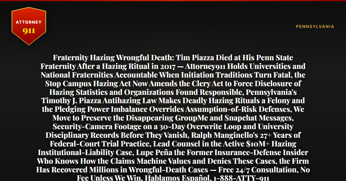 Fraternity Hazing Wrongful Death: Tim Piazza Died at His Penn State Fraternity After a Hazing Ritual in 2017 — Attorney911 Holds Universities and National Fraternities Accountable When Initiation Traditions Turn Fatal, the Stop Campus Hazing Act Now Amends the Clery Act to Force Disclosure of Hazing Statistics and Organizations Found Responsible, Pennsylvania's Timothy J. Piazza Antihazing Law Makes Deadly Hazing Rituals a Felony and the Pledging Power Imbalance Overrides Assumption-of-Risk Defenses, We Move to Preserve the Disappearing GroupMe and Snapchat Messages, Security-Camera Footage on a 30-Day Overwrite Loop and University Disciplinary Records Before They Vanish, Ralph Manginello's 27+ Years of Federal-Court Trial Practice, Lead Counsel in the Active $10M+ Hazing Institutional-Liability Case, Lupe Peña the Former Insurance-Defense Insider Who Knows How the Claims Machine Values and Denies These Cases, the Firm Has Recovered Millions in Wrongful-Death Cases — Free 24/7 Consultation, No Fee Unless We Win, Hablamos Español, 1-888-ATTY-911 - Attorney911