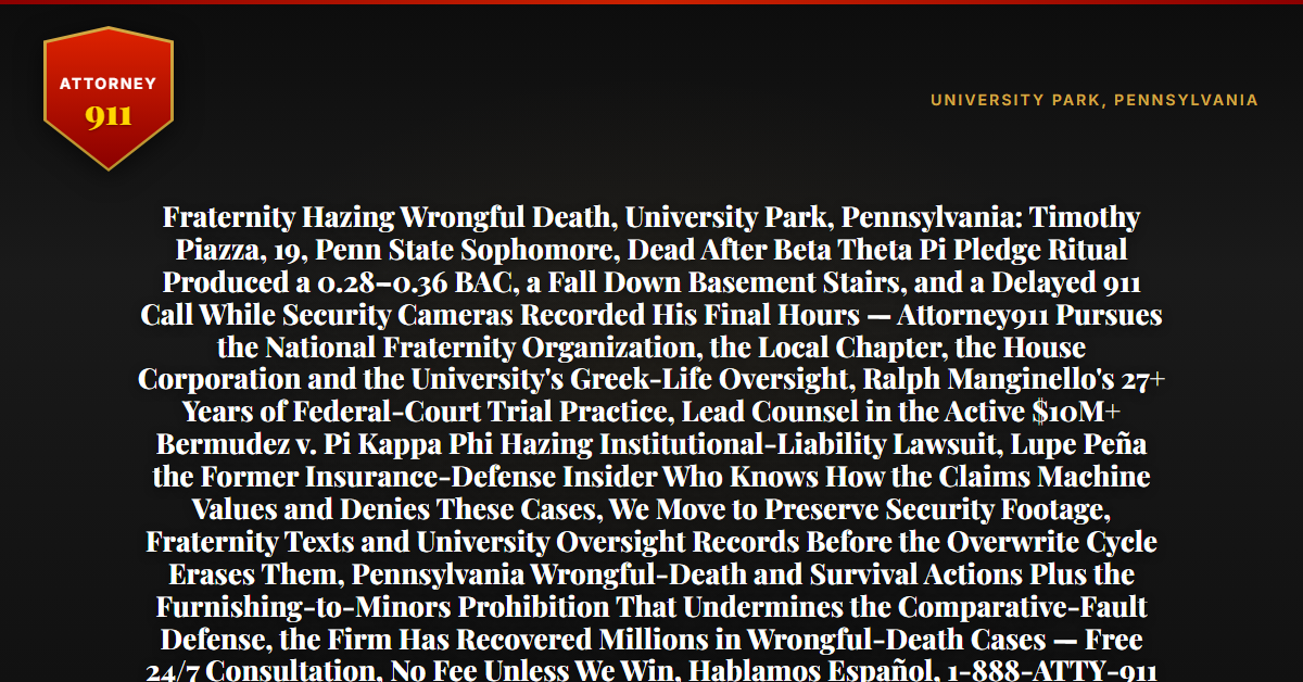 Fraternity Hazing Wrongful Death, University Park, Pennsylvania: Timothy Piazza, 19, Penn State Sophomore, Dead After Beta Theta Pi Pledge Ritual Produced a 0.28–0.36 BAC, a Fall Down Basement Stairs, and a Delayed 911 Call While Security Cameras Recorded His Final Hours — Attorney911 Pursues the National Fraternity Organization, the Local Chapter, the House Corporation and the University's Greek-Life Oversight, Ralph Manginello's 27+ Years of Federal-Court Trial Practice, Lead Counsel in the Active $10M+ Bermudez v. Pi Kappa Phi Hazing Institutional-Liability Lawsuit, Lupe Peña the Former Insurance-Defense Insider Who Knows How the Claims Machine Values and Denies These Cases, We Move to Preserve Security Footage, Fraternity Texts and University Oversight Records Before the Overwrite Cycle Erases Them, Pennsylvania Wrongful-Death and Survival Actions Plus the Furnishing-to-Minors Prohibition That Undermines the Comparative-Fault Defense, the Firm Has Recovered Millions in Wrongful-Death Cases — Free 24/7 Consultation, No Fee Unless We Win, Hablamos Español, 1-888-ATTY-911 - Attorney911