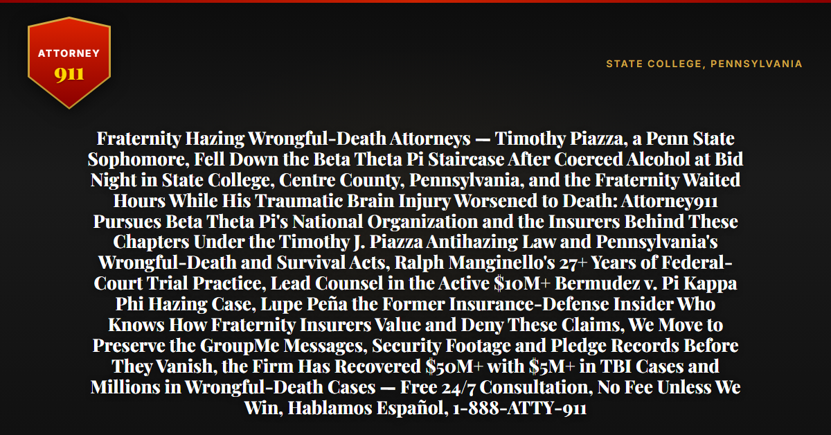 Fraternity Hazing Wrongful-Death Attorneys — Timothy Piazza, a Penn State Sophomore, Fell Down the Beta Theta Pi Staircase After Coerced Alcohol at Bid Night in State College, Centre County, Pennsylvania, and the Fraternity Waited Hours While His Traumatic Brain Injury Worsened to Death: Attorney911 Pursues Beta Theta Pi's National Organization and the Insurers Behind These Chapters Under the Timothy J. Piazza Antihazing Law and Pennsylvania's Wrongful-Death and Survival Acts, Ralph Manginello's 27+ Years of Federal-Court Trial Practice, Lead Counsel in the Active $10M+ Bermudez v. Pi Kappa Phi Hazing Case, Lupe Peña the Former Insurance-Defense Insider Who Knows How Fraternity Insurers Value and Deny These Claims, We Move to Preserve the GroupMe Messages, Security Footage and Pledge Records Before They Vanish, the Firm Has Recovered $50M+ with $5M+ in TBI Cases and Millions in Wrongful-Death Cases — Free 24/7 Consultation, No Fee Unless We Win, Hablamos Español, 1-888-ATTY-911 - Attorney911