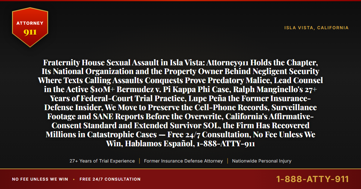 Fraternity House Sexual Assault in Isla Vista: Attorney911 Holds the Chapter, Its National Organization and the Property Owner Behind Negligent Security Where Texts Calling Assaults Conquests Prove Predatory Malice, Lead Counsel in the Active $10M+ Bermudez v. Pi Kappa Phi Case, Ralph Manginello's 27+ Years of Federal-Court Trial Practice, Lupe Peña the Former Insurance-Defense Insider, We Move to Preserve the Cell-Phone Records, Surveillance Footage and SANE Reports Before the Overwrite, California's Affirmative-Consent Standard and Extended Survivor SOL, the Firm Has Recovered Millions in Catastrophic Cases — Free 24/7 Consultation, No Fee Unless We Win, Hablamos Español, 1-888-ATTY-911 - Attorney911